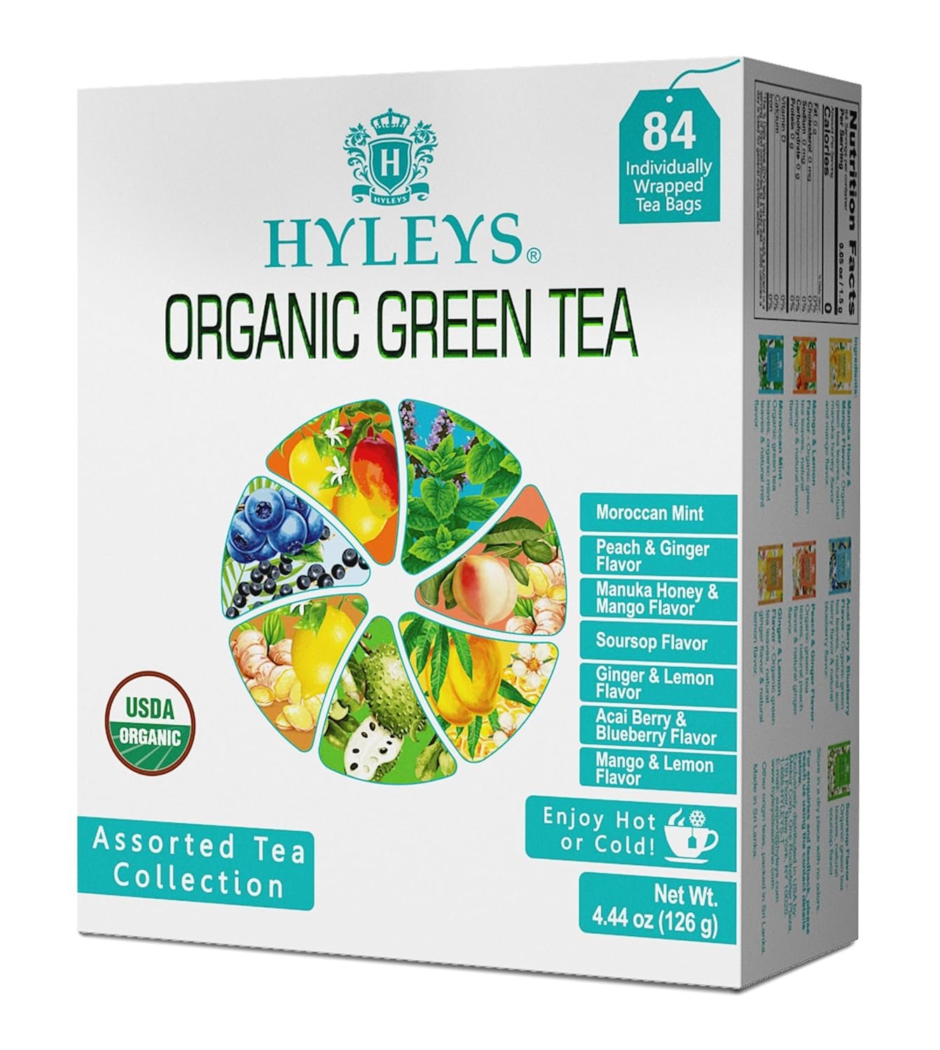 Hyleys Organic Green Tea, 7 Assorted Flavors, Vegan, Natural, 84 Tea Bags
