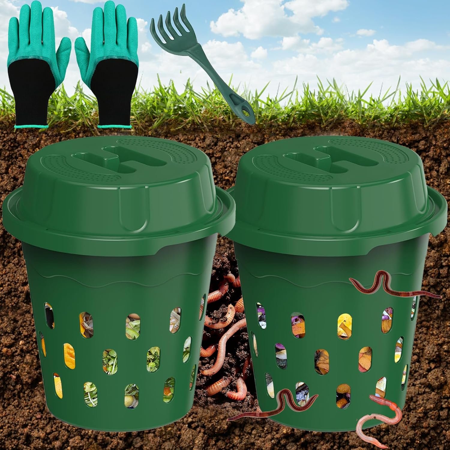 2-Pack Inground Worm Composter, Outdoor Worm Compost Bin for Garden Beds & Home Use, Vermicomposting Bin for Beginners (9.5×9.5×10.8Inch), Green