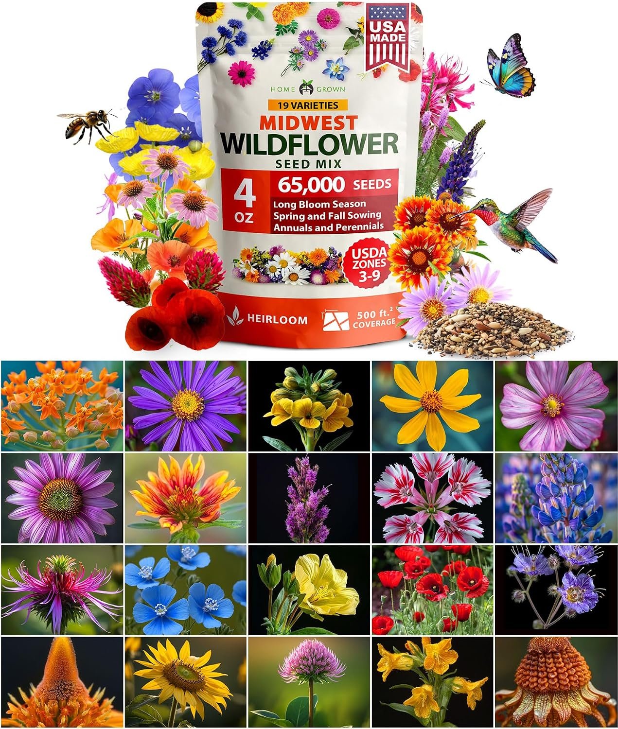HOME GROWN Midwest Wildflower Seeds Mix | 65,000+ Heirloom Perennial Flower Seed for Attracting Bees, Birds & Butterflies | High Germination Bulk Planting | 4 oz