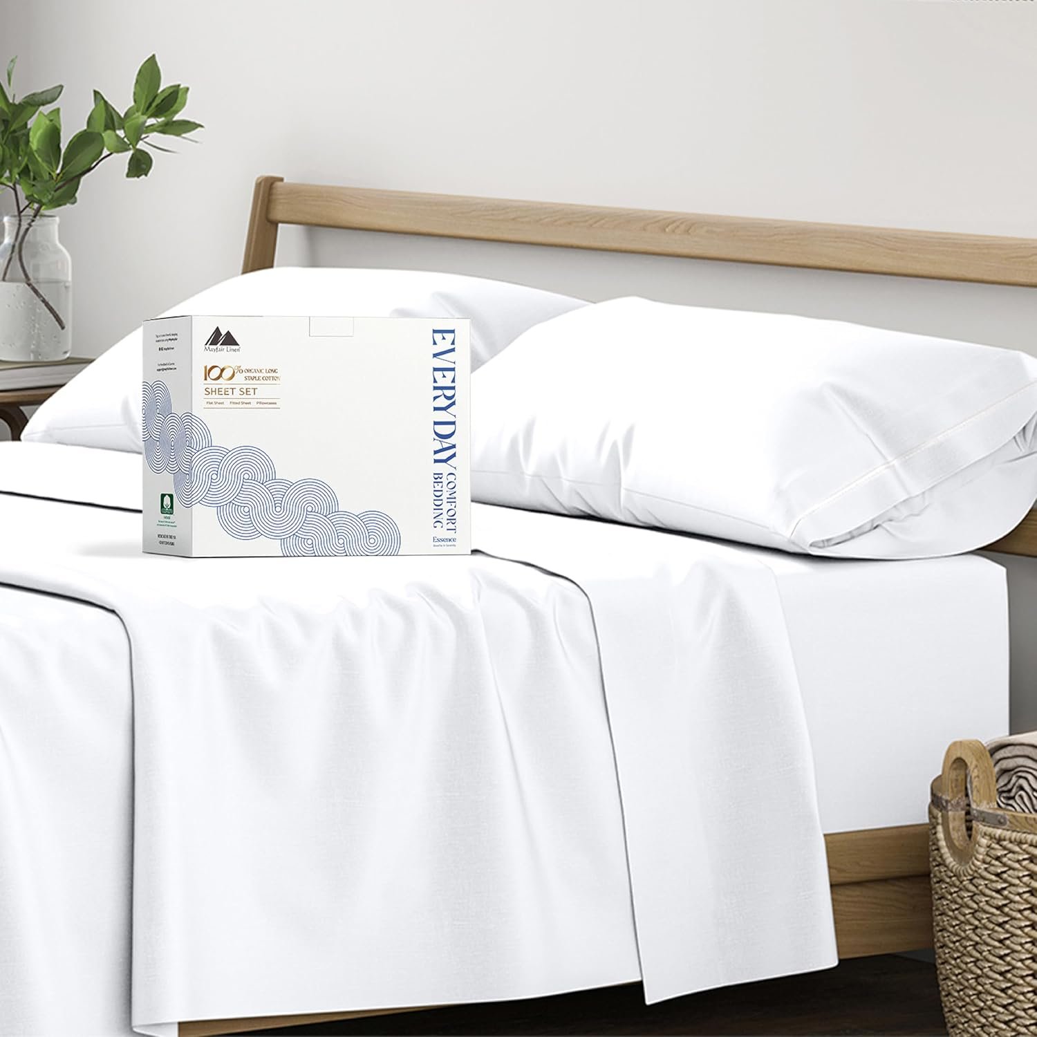 Mayfair Linen Organic Cotton Sheets Queen Size, 16″ Deep Pocket, White