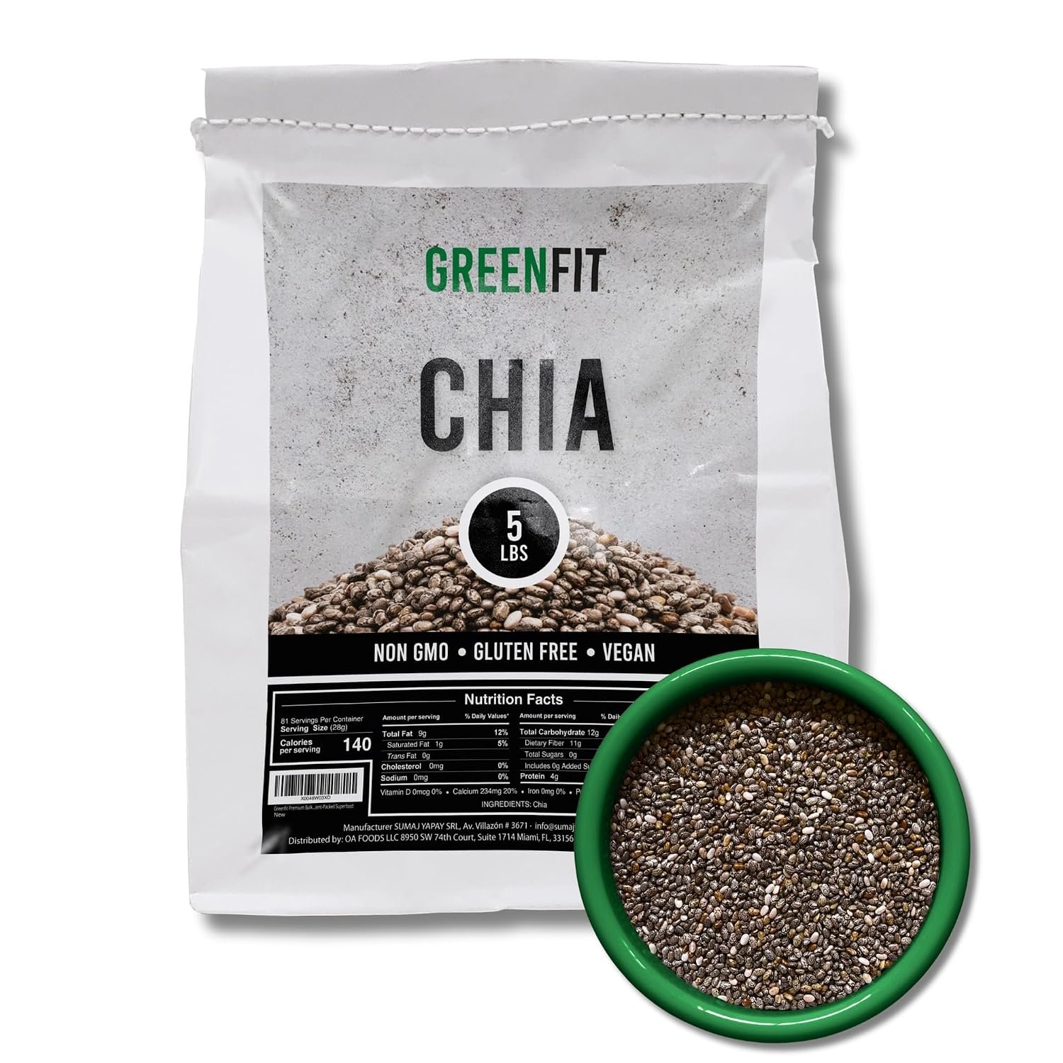 Greenfit Premium Bulk Chia (5Lbs Bag) | A+ Grade Chia | Nutrient-Packed Superfood | Non-GMO | Gluten-Free Chia Seeds Bulk | Vegan