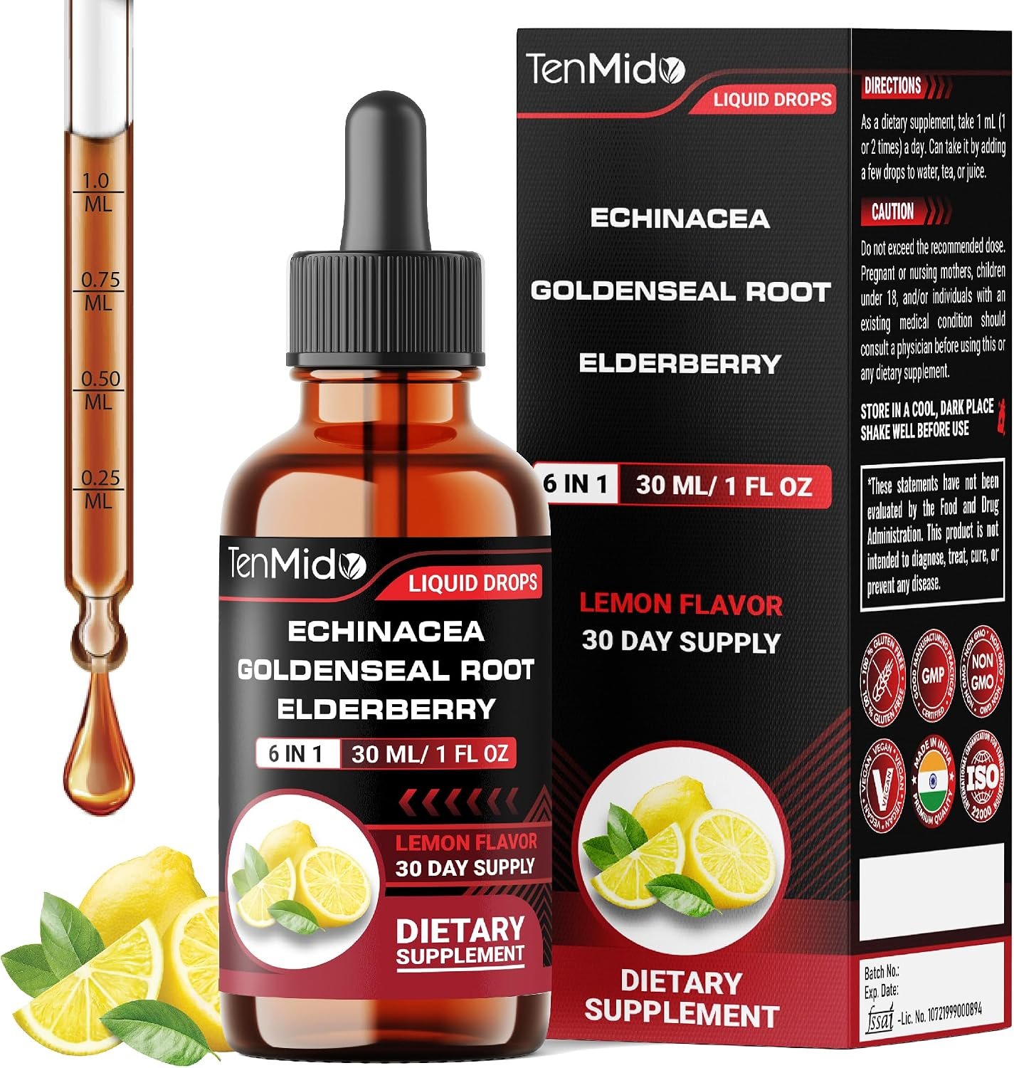 Echinacea Goldenseal Tincture – 6in1 with Vitamin D3, Vitamin C, Zinc, and Elderberry – Immune System Support – Vegan, Non-GMO – 30ml 1 Fl Oz