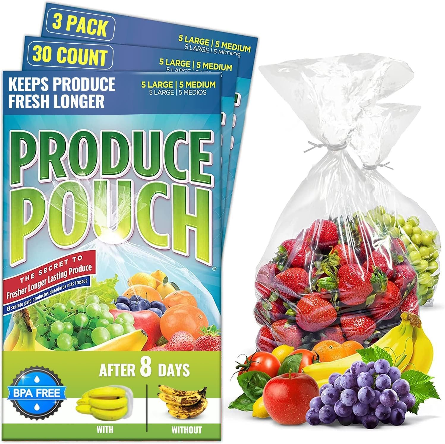 Produce Pouch-Keeps Produce Fresher Longer, reusable green bags preserve fruits, vegetables and flowers 3 packs (30 Bags)