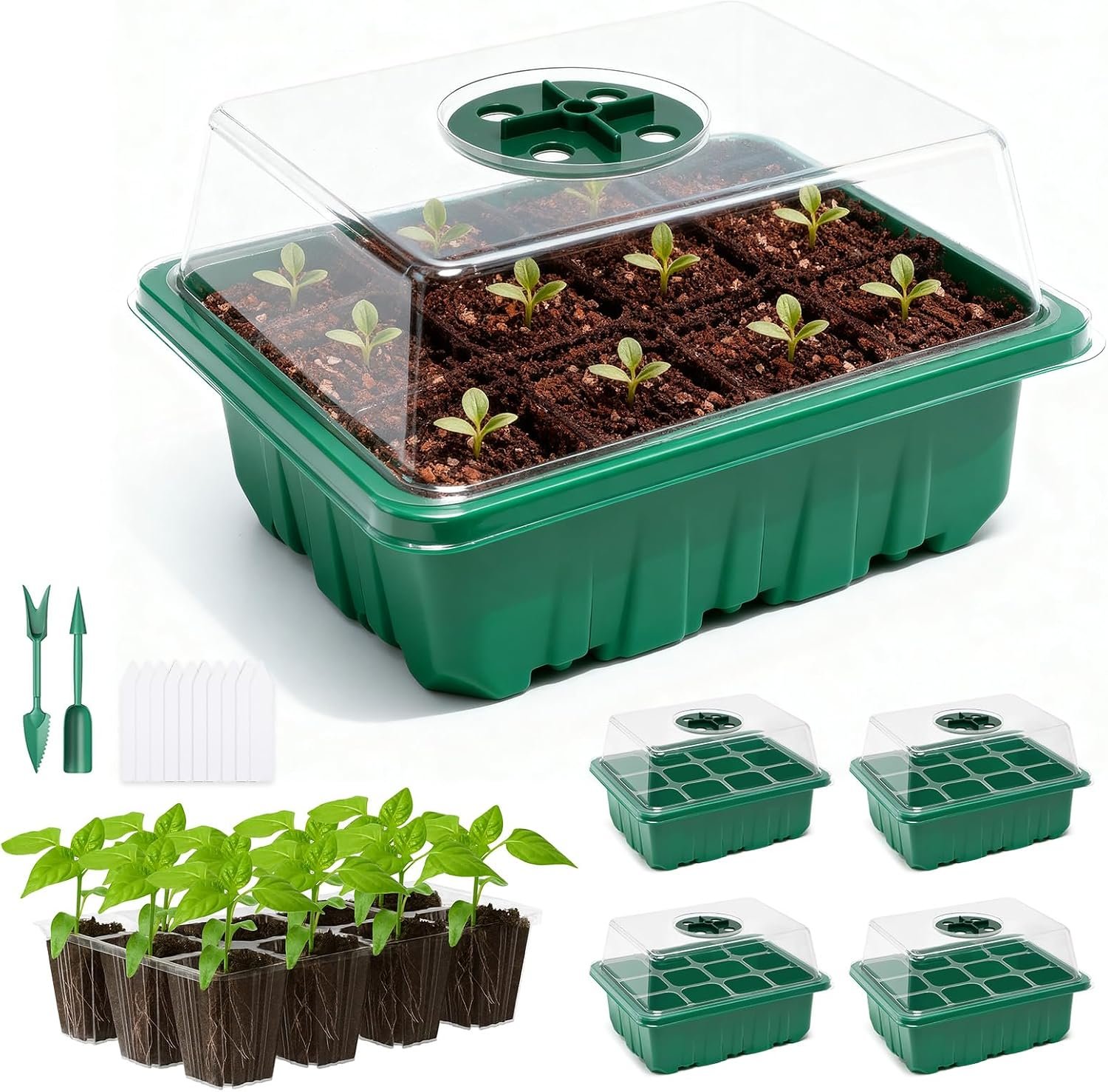 5 Packs Seed Starter Tray with Humidity Dome, Seed Starter Kit with Transparent Drain Hole Base Indoor Greenhouse Mini Propagator for Seeds Growing Starting(60 Cell Trays, Green)