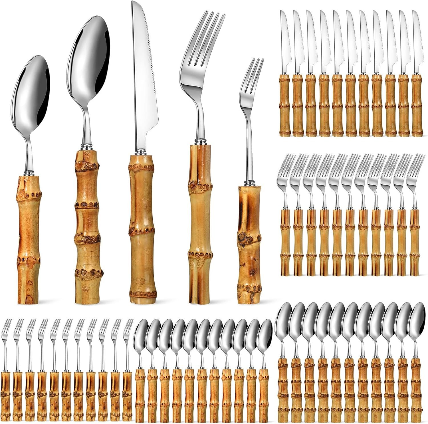 EBOOT 60 Pcs Bamboo Silverware Set 18/8 Stainless Steel Flatware Set