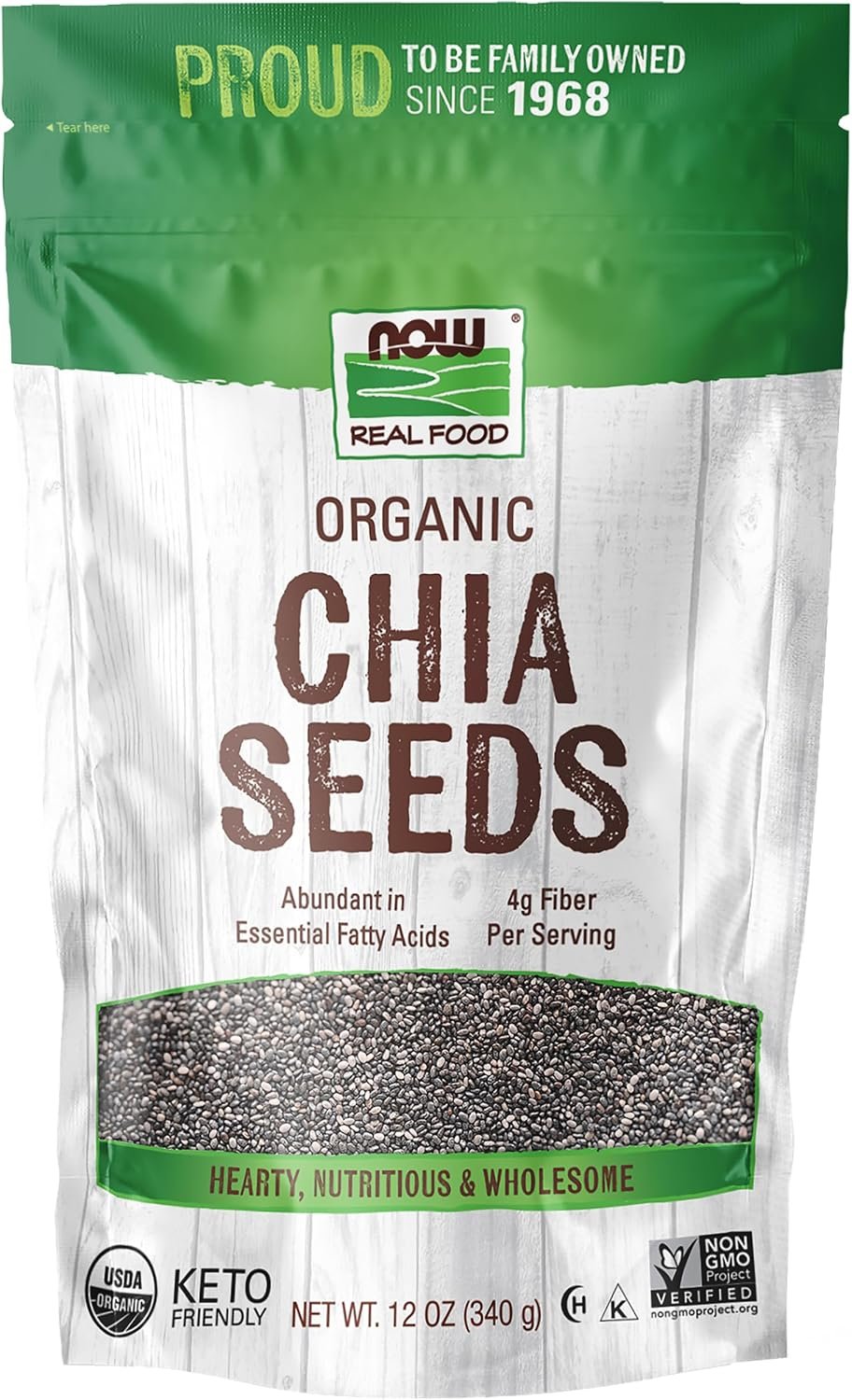 NOW Foods, Organic Black Chia Seeds, Non-GMO, Source of Healthy Fatty Acids and Fiber, 12-Ounce (Packaging May Vary)