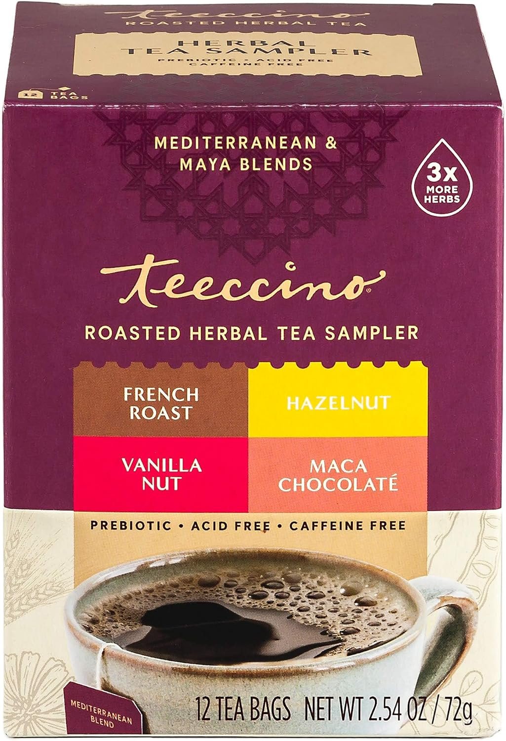 Teeccino Herbal Tea Sampler Assortment – 12 Tea Bags – Maca Chocolaté, French Roast, Hazelnut, Vanilla Nut – Roasted Caffeine Free Herbal Tea, Prebiotic for Natural Energy