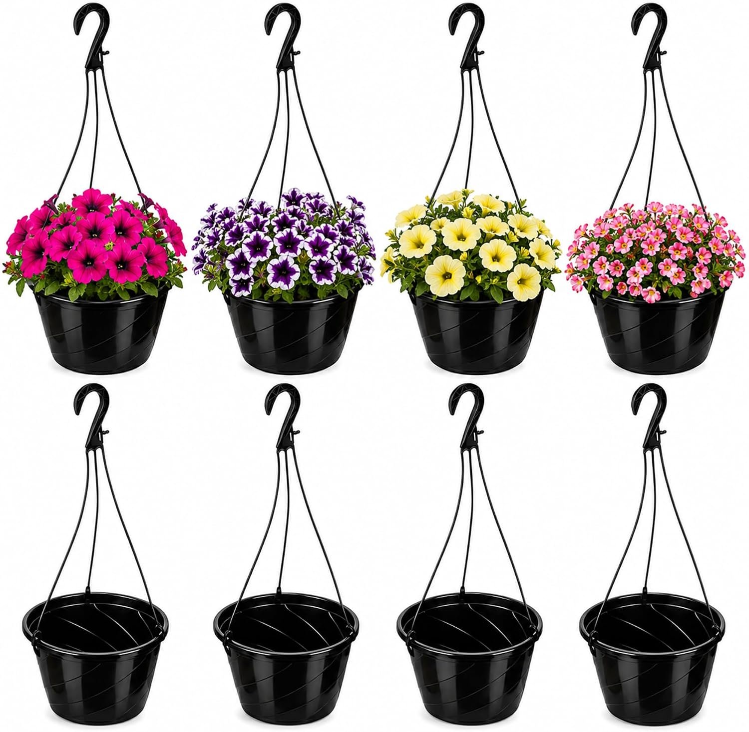 8 Pcs 10 Inch Modern Euro Swirl Hanging Planter Uv-Resistant Plastic Hanging Basket Smart Drainage Lightweight Indoor Outdoor Flower Pots for Garden Porch Balcony Patio Home Decor (Black)