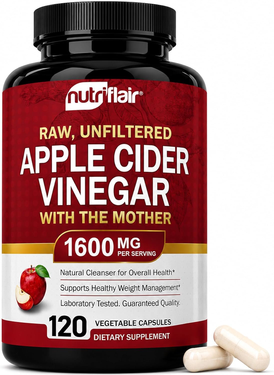 NutriFlair Apple Cider Vinegar Capsules with Mother 1600mg, 120 Capsules