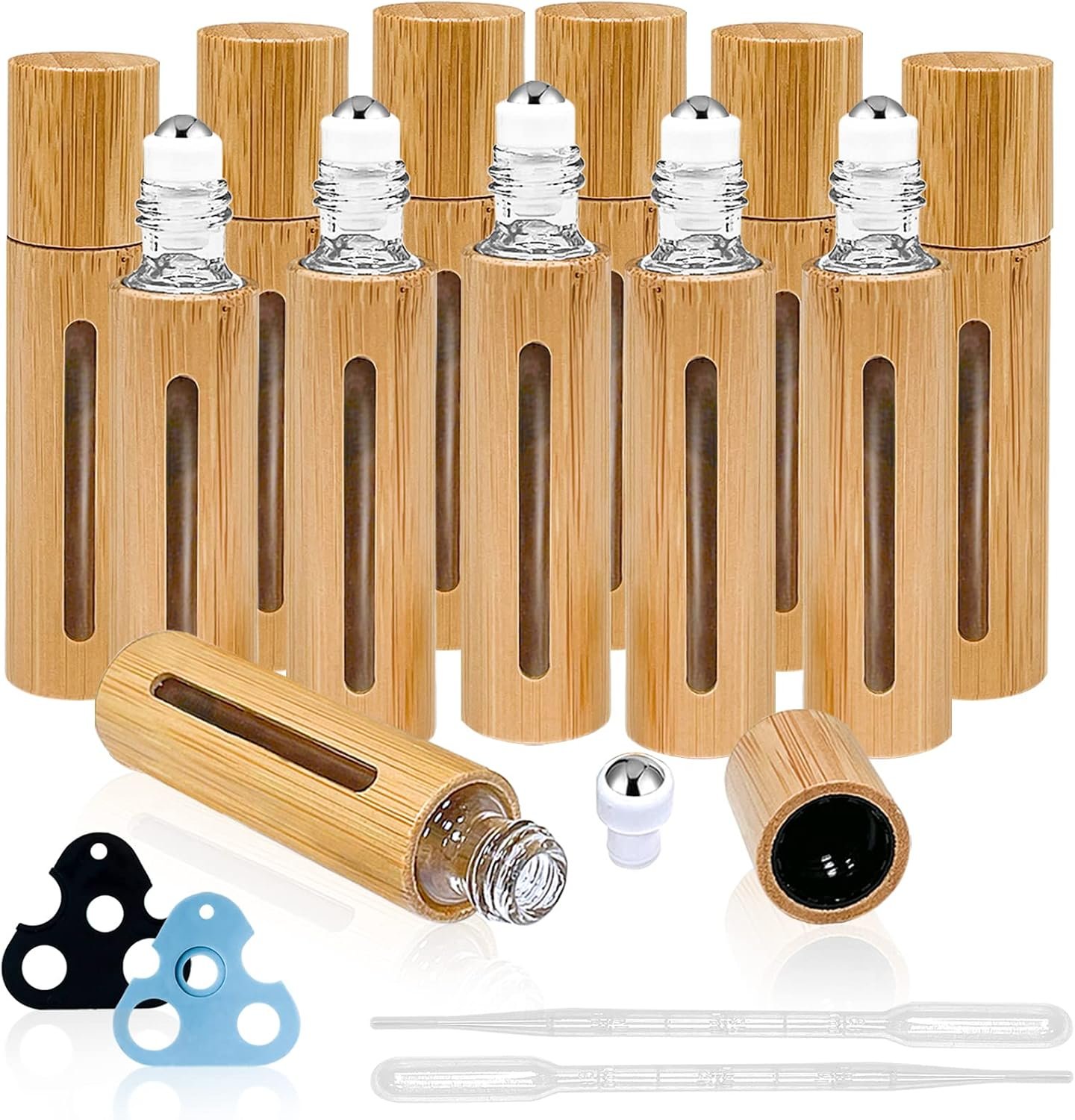 KALYLOC 12Pcs 10ml Bamboo Roll on Bottles for Essential Oils Refillable