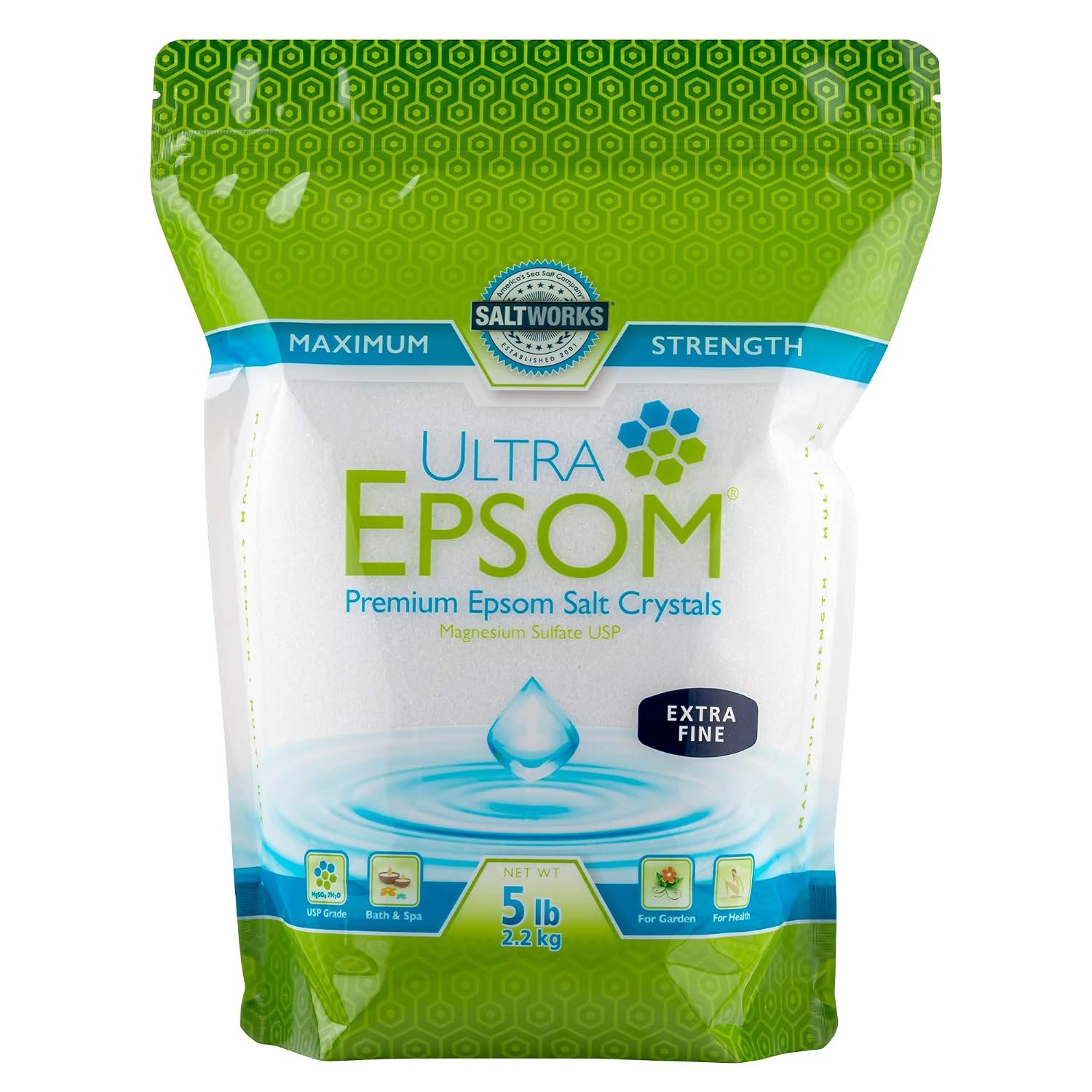 SaltWorks Ultra Epsom Bath Salt, Unscented, Extra Fine Grain, 5 Pound Bag