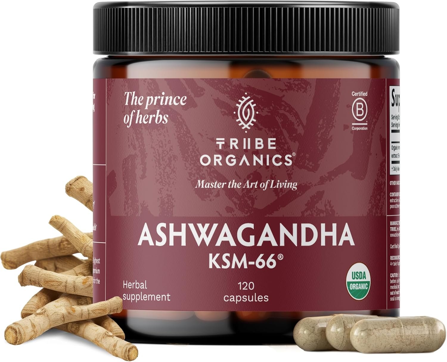 TRIBE ORGANICS Ashwagandha KSM 66 Pure Organic Root Powder Extract Ayurvedic Supplement – Focus, Mood Support, Increase Energy, Strength, 600mg of Natural KSM66 for Superior Absorption – 120 Capsules