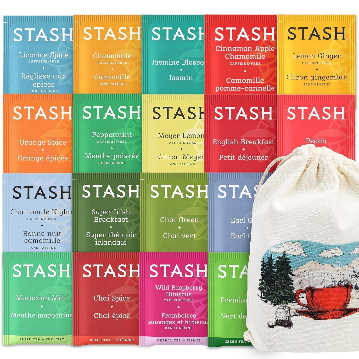 Stash Tea Bags Sampler (40 Count) 18 Flavours in Handmade Cotton Pouch