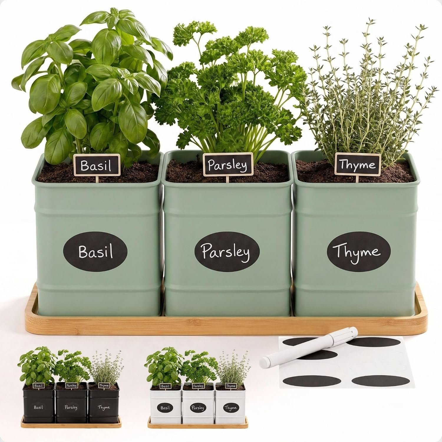 Herb Planter Indoor, 3-pc Herb Pots w/ Drainage Holes, Bamboo Tray & Labels