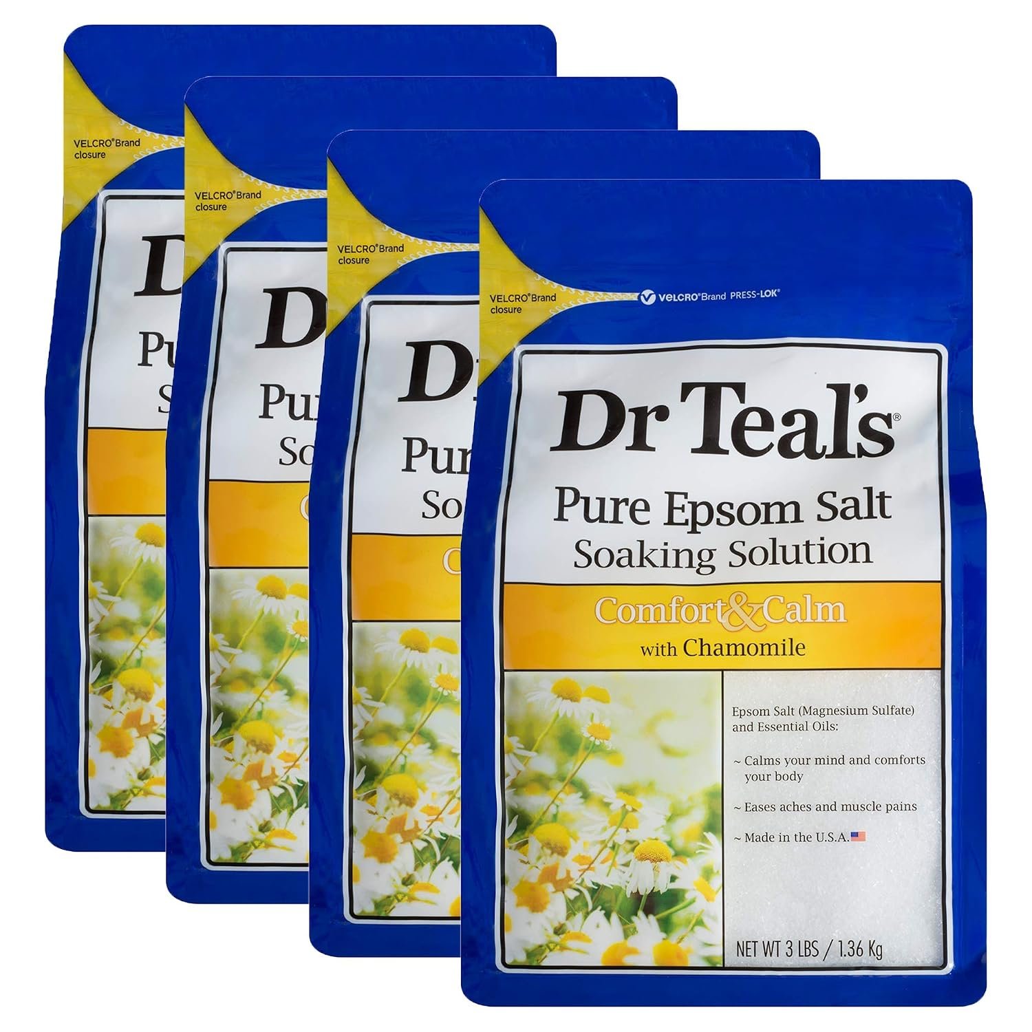 Dr. Teal’s Comfort & Calm Bath Soak Gift Set (4 Pack, 3lbs Ea.) – Chamomile Essential Oils Blended with Pure Epsom Salt – Calm Your Mind & Body, Ease Aches & Pains – at Home Spa Kit