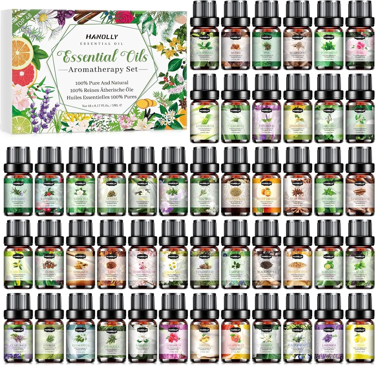 Essential Oils Set, Aromatherapy Essential Oil Kit for Diffuser, Candle, Soap Making, Massage, Skin Care (48 x 5ml) – Sandalwood, Eucalyptus, Lavender, Tea Tree, Peppermint Aromatherapy Oil