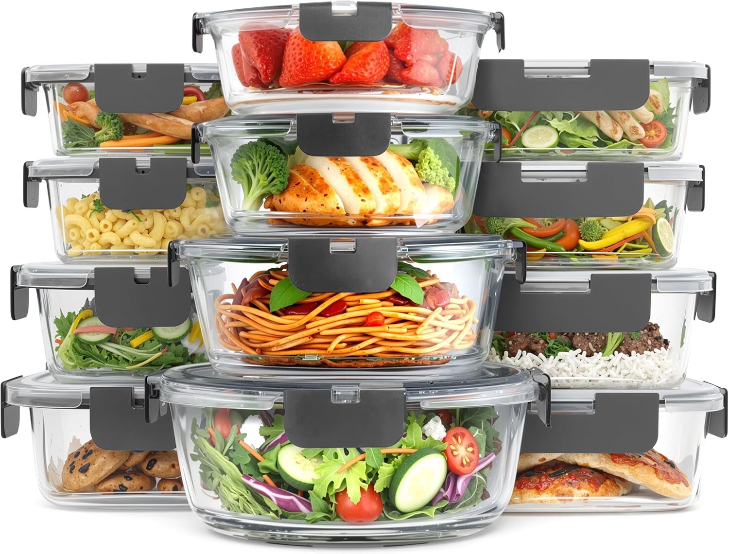 KICHLY 24 Pc Borosilicate Glass Meal Prep Containers with Lid,12 Pack, Grey