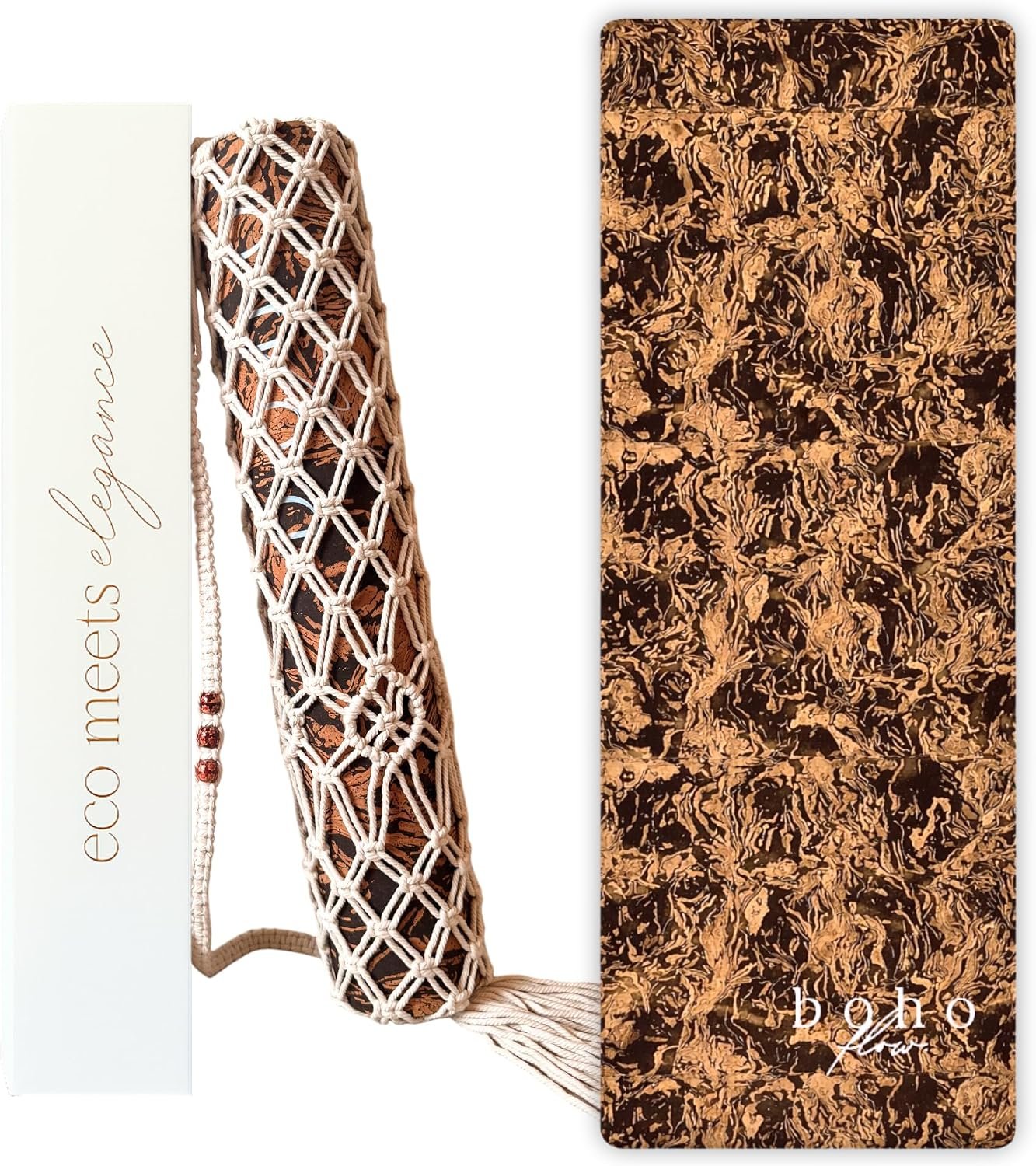 Deluxe Cork Yoga Mat | Eco-Luxury Editions Cork Leather, Coffee or Gold Cork | 5mm Natural Tree Rubber Base | Boho Macramé Bag Included