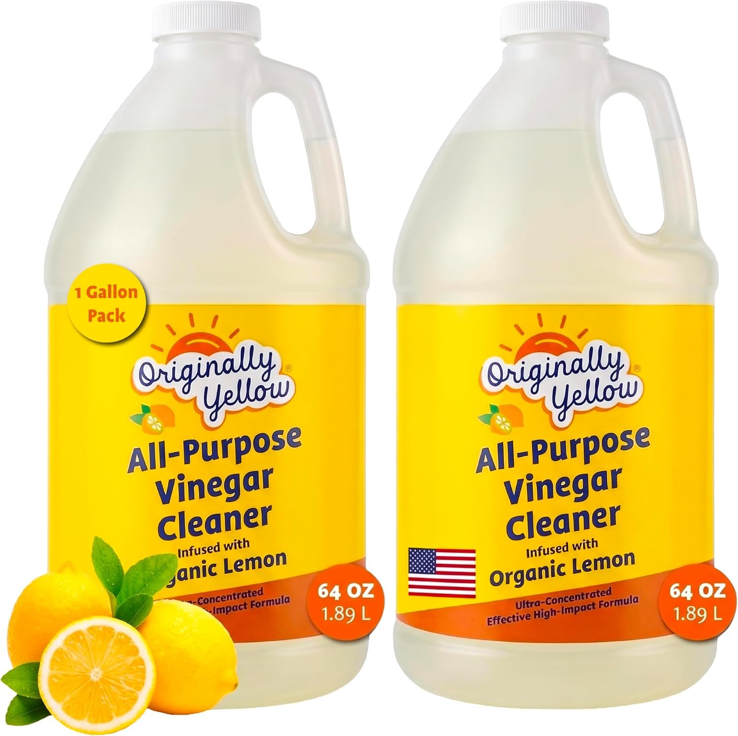 Originally Yellow Lemon White Vinegar For Cleaning Purpose 1 Gallon | USA Made All Purpose Cleaner | Use as Glass, Kitchen & Floor Cleaner | Plant Derived Cleaning Vinegar 1 Gallon in 2 pack | 128 Oz