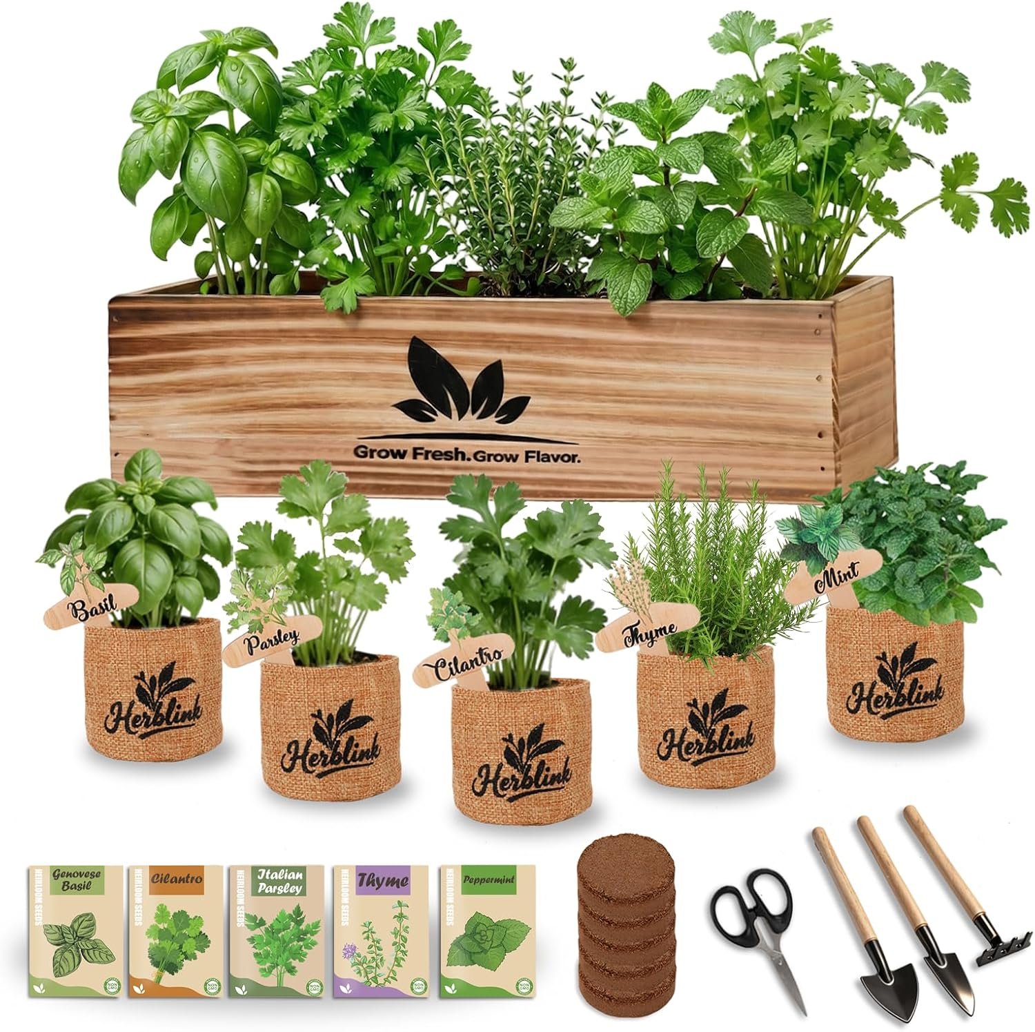 Indoor Herb Garden Starter Kit, Unique Gifts 5 Herb Garden Planter Indoor Kit with Wooden Box Including Basil, Cilantro, Thyme, Parsley, Mint, Fresh Herb Garden, Gardening Gifts for Women