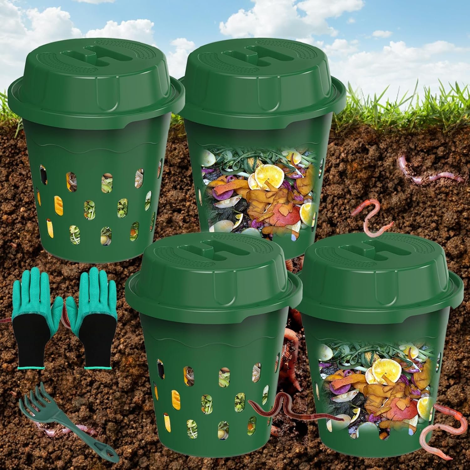 4-Pack Inground Worm Compost Bin, Worm Composter for Beginners,8L