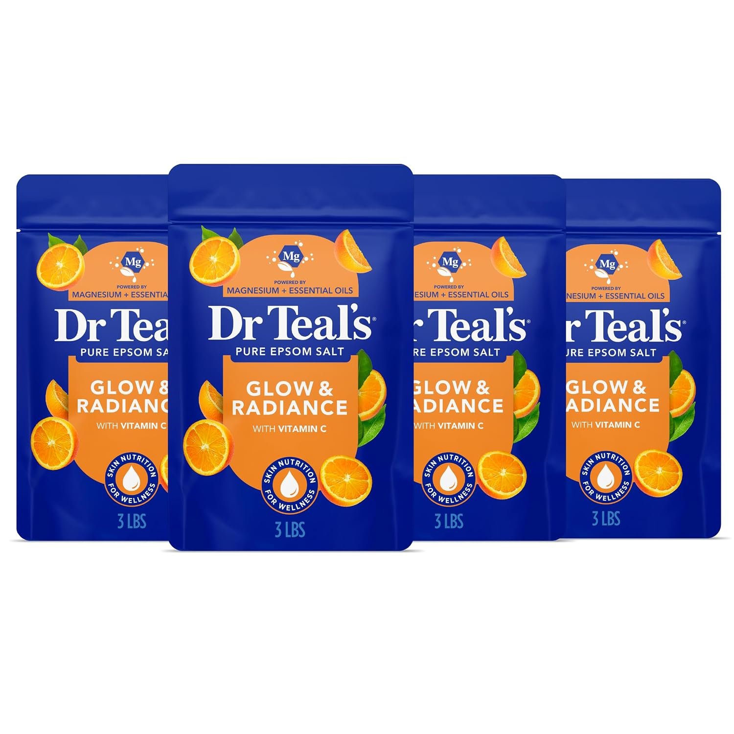 Dr Teal’s Epsom Salt Magnesium Soak, Glow & Radiance with Vitamin C & Citrus Essential Oils, 3 lbs (Pack of 4)