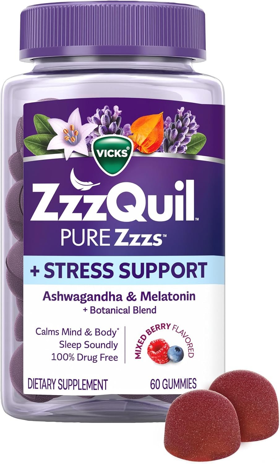 ZzzQuil PURE Zzzs De-Stress 2mg Melatonin Gummies, , Sleep Aids for Adults, Ashwagandha for Stress Support, 60 Gummies