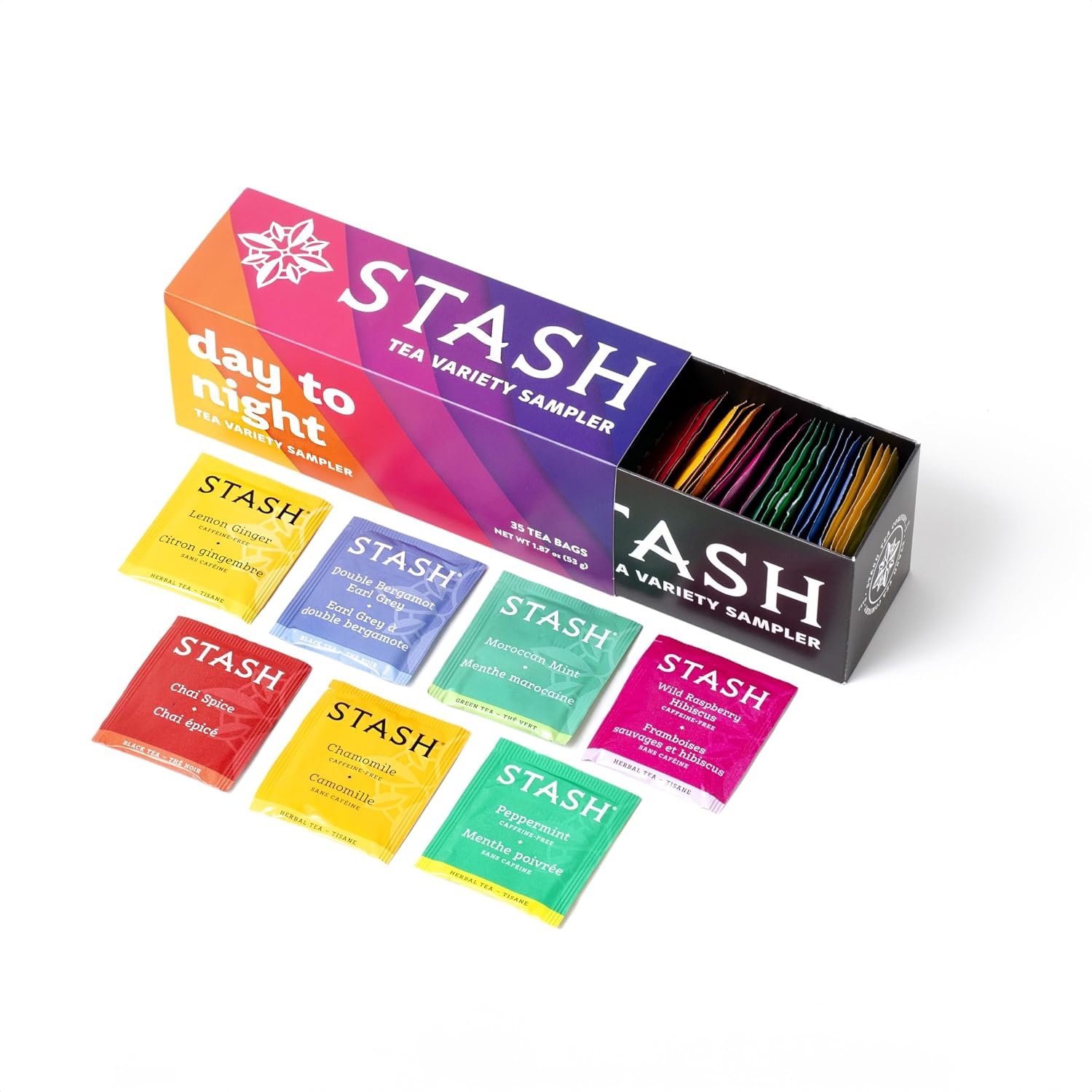 Stash Tea Day to Night Tea Sampler – Assorted Specialty Tea Gift Set, High to No Caffeine, 7 Flavors, 35 Tea Bags