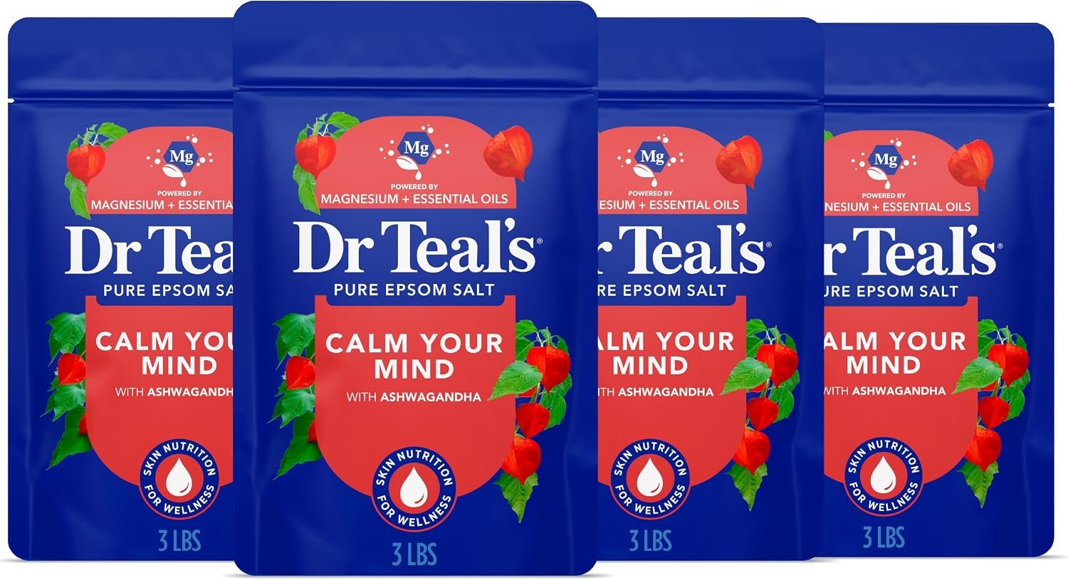 Dr Teal’s Epsom Salt Magnesium Soak, Ashwagandha & Essential Oils, 3 lbs (Pack of 4)