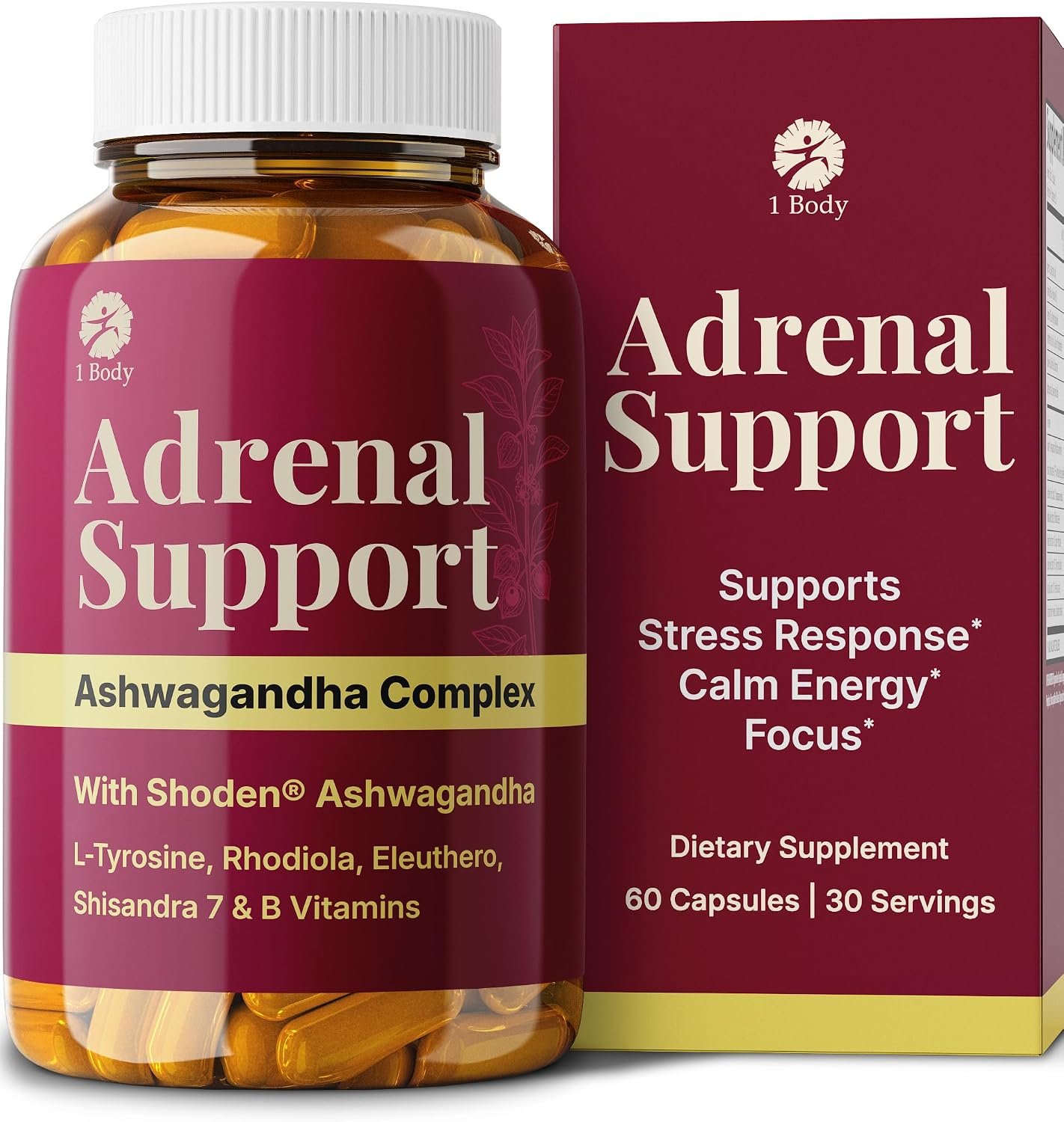 1 Body Adrenal Support Complex with Ashwagandha & Adaptogens, 60 Caps