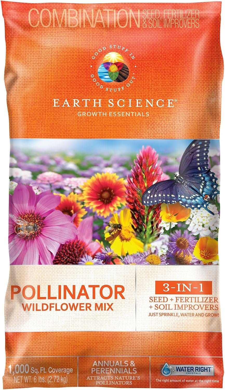 Earth Science Wildflower Pollinator Mix – 6lb, Over 56,000 Seeds, 3-in-1 Mix of Wildflower Seeds, Plant Food, & Soil Conditioners for Bees, Hummingbirds, Butterflies, Non-GMO, Up to 1,000 Sq. Ft.