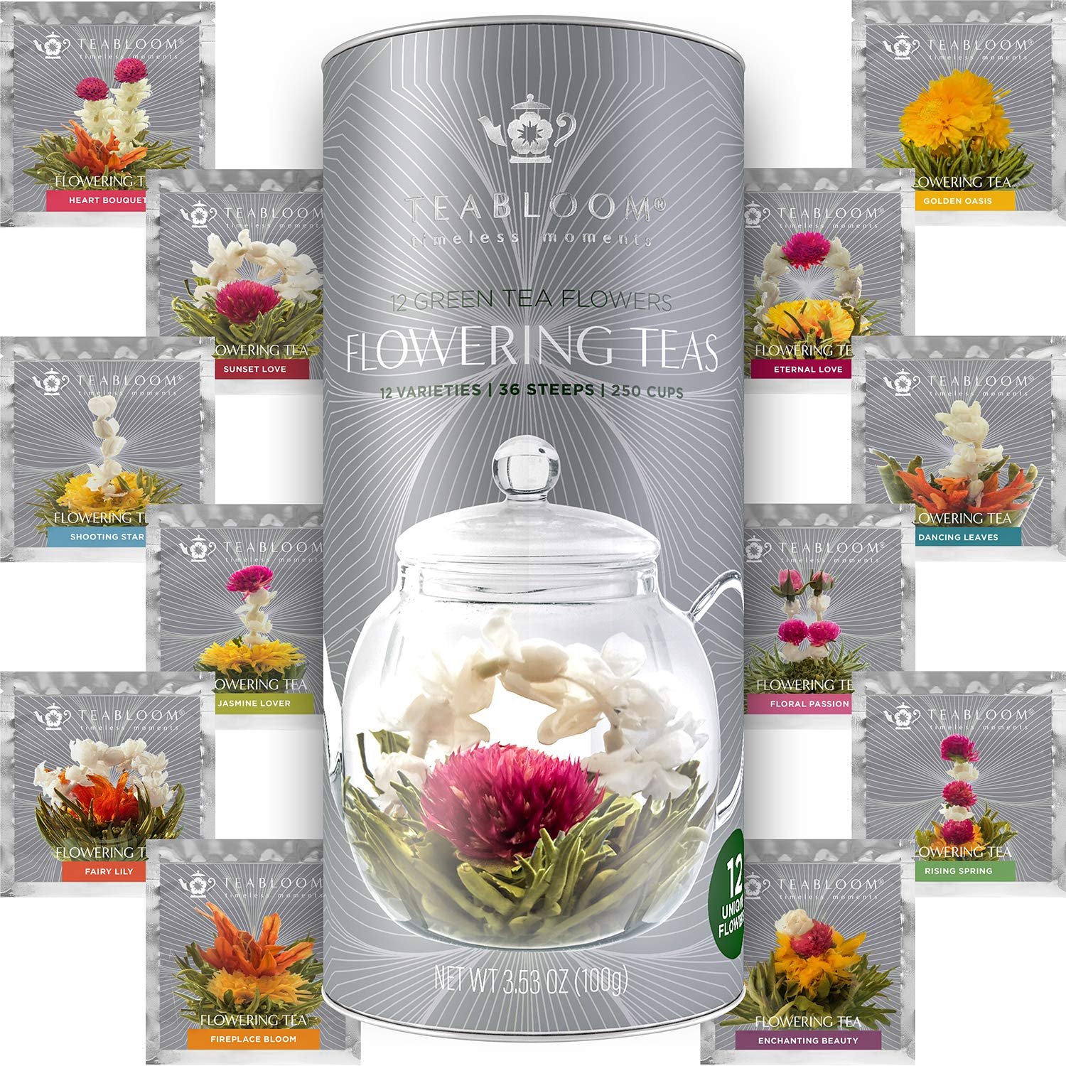 Teabloom Flowering Tea – 12 Unique Varieties of Fresh Blooming Tea Flowers – Hand-Tied Natural Green Tea Leaves & Edible Flowers – 12-Pack Gift Canister – 36 Steeps, Makes 250 Cups