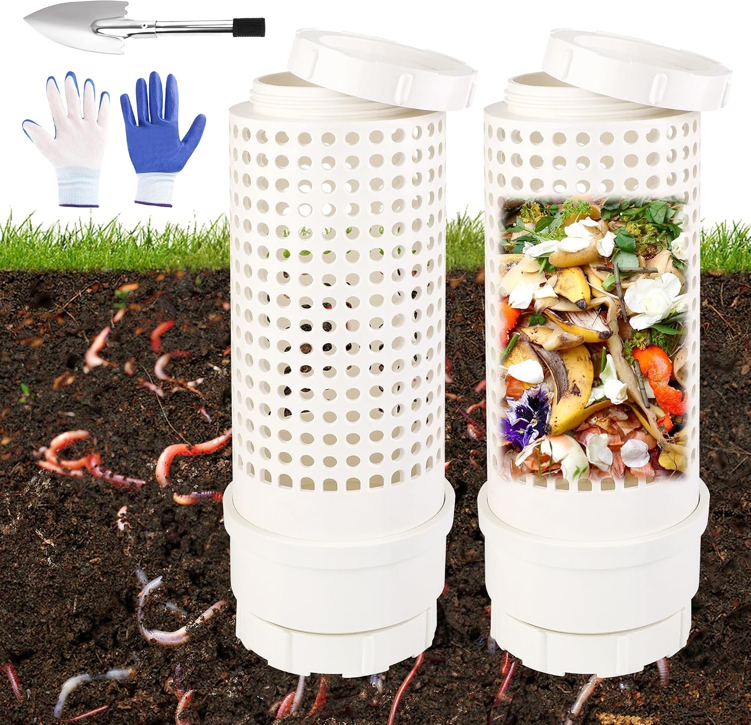 2 Packs Inground Worm Composter, Outdoor Worm Compost Bin Kit with Lid