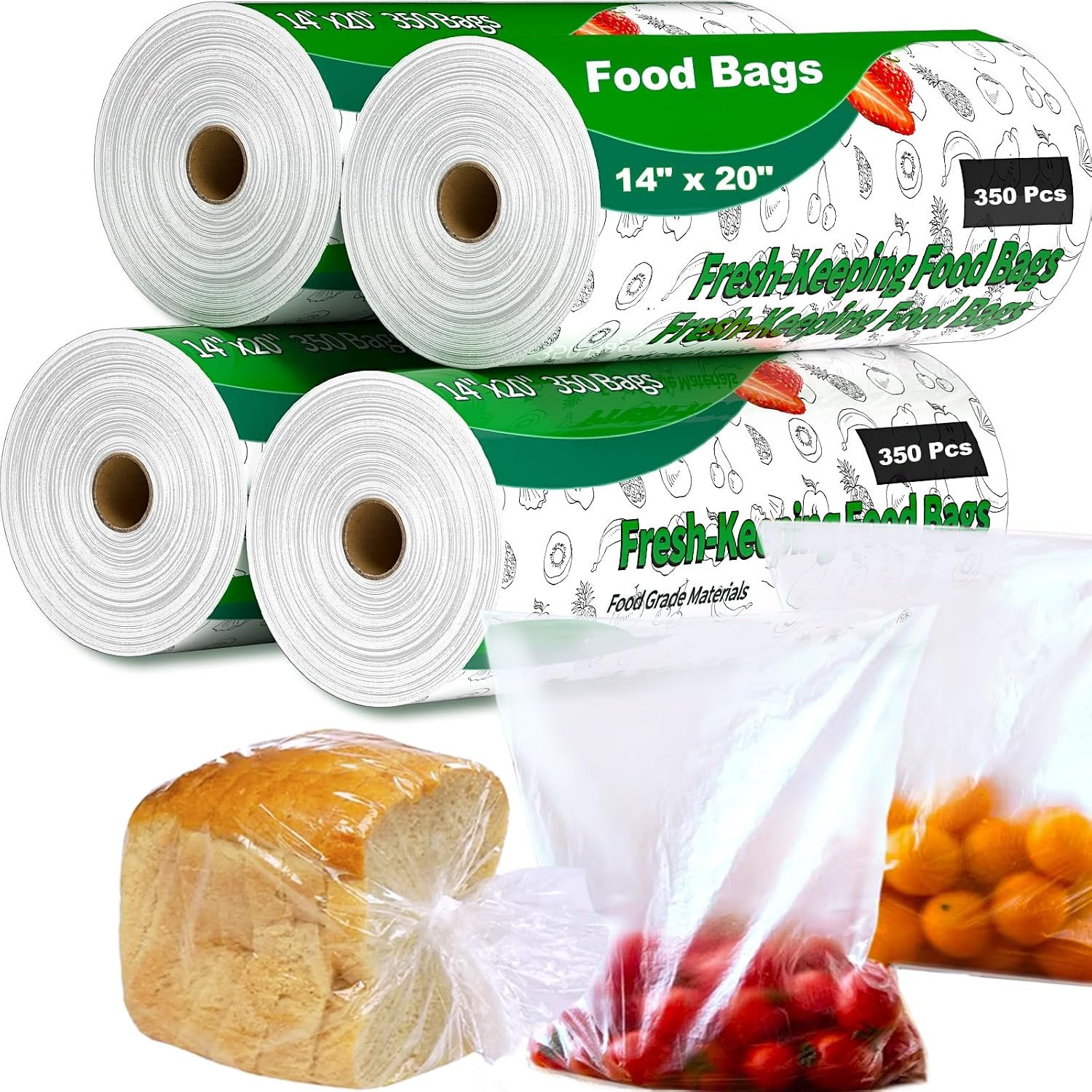 14″ X 20″ Plastic Produce Bags Roll, Fresh-Keeping Clear Plastic Bags for Food, Fruit, Vegetable, Bread, Kitchen, freezer, Supermarket, 350 Produce Bag/Roll (4 Rolls)