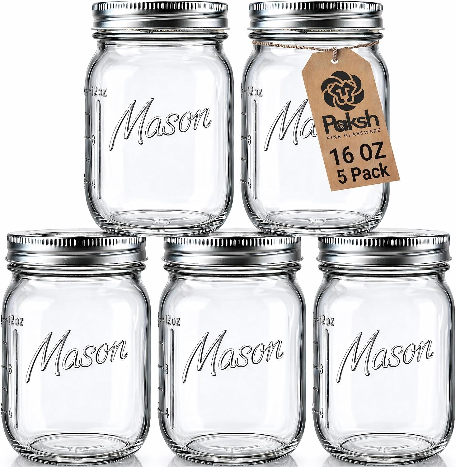 Paksh Novelty 16 oz Mason Jars with Lids, Regular Mouth, 5 Pack