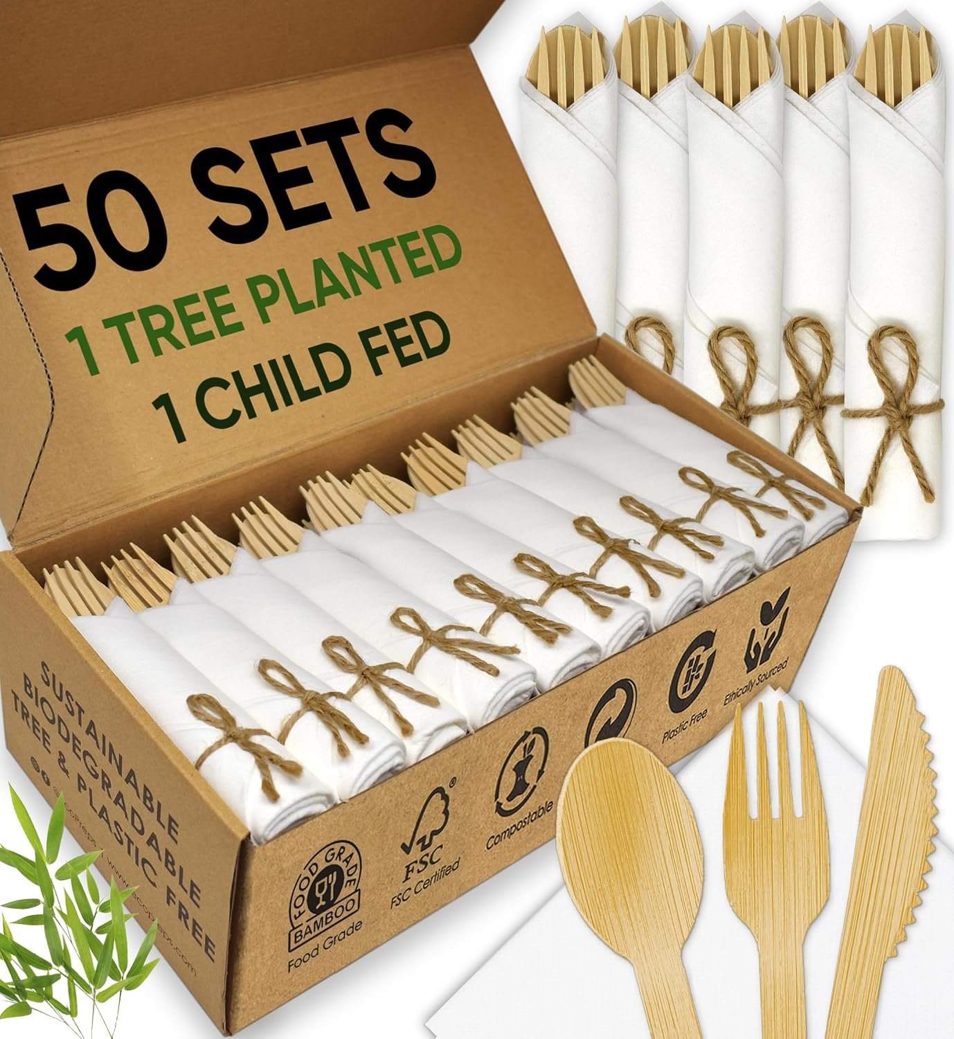 EcoPreps Premium Pre-Rolled Napkin and Bamboo Cutlery Set, 50 Pack, 200 PCS
