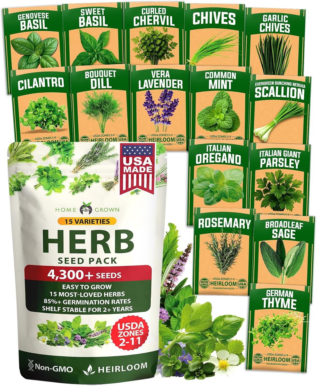 HOME GROWN 15 Herb Seed Variety Kit, 4,300+ Seeds, Culinary Herb Kit