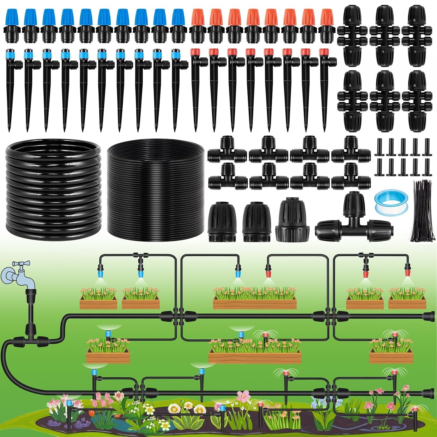 240FT Drip Irrigation System Kits – Automatic Garden Watering Sprinkler with 1/2 & 1/4 inch Tubing Hose Patio Misting Plant Irrigation Water Equipment Quick Connector for Greenhouse Flower Beds Lawn