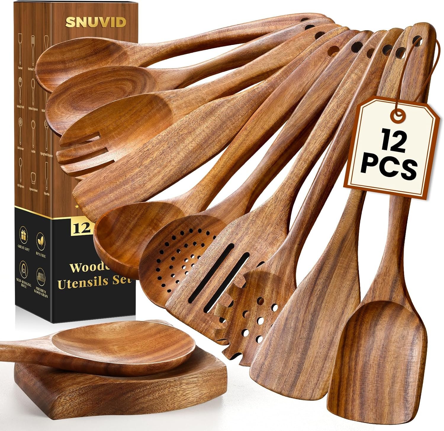 Wooden Spoons for Cooking, 12 Pcs Teak Wood Kitchen Utensils Set with Spoon Rest – Nonstick Heat Resistant Wooden Cooking Utensils, Natural Healthy Spatula Set for Pots and Pans