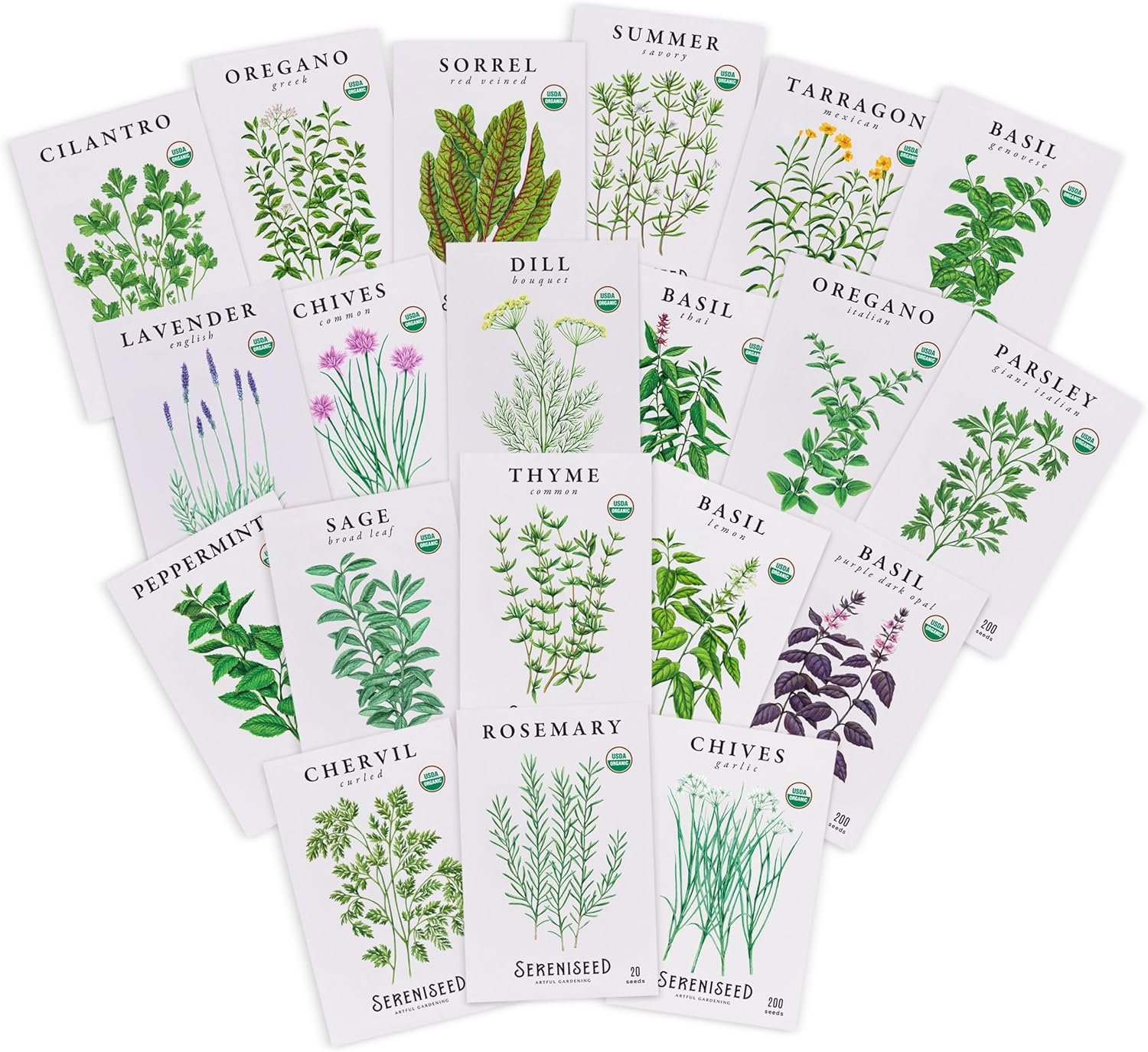 Sereniseed Certified Organic Herb Seeds 20-Pack | Non-GMO Heirloom Variety for Indoor Outdoor Culinary Gardening Gift Kit