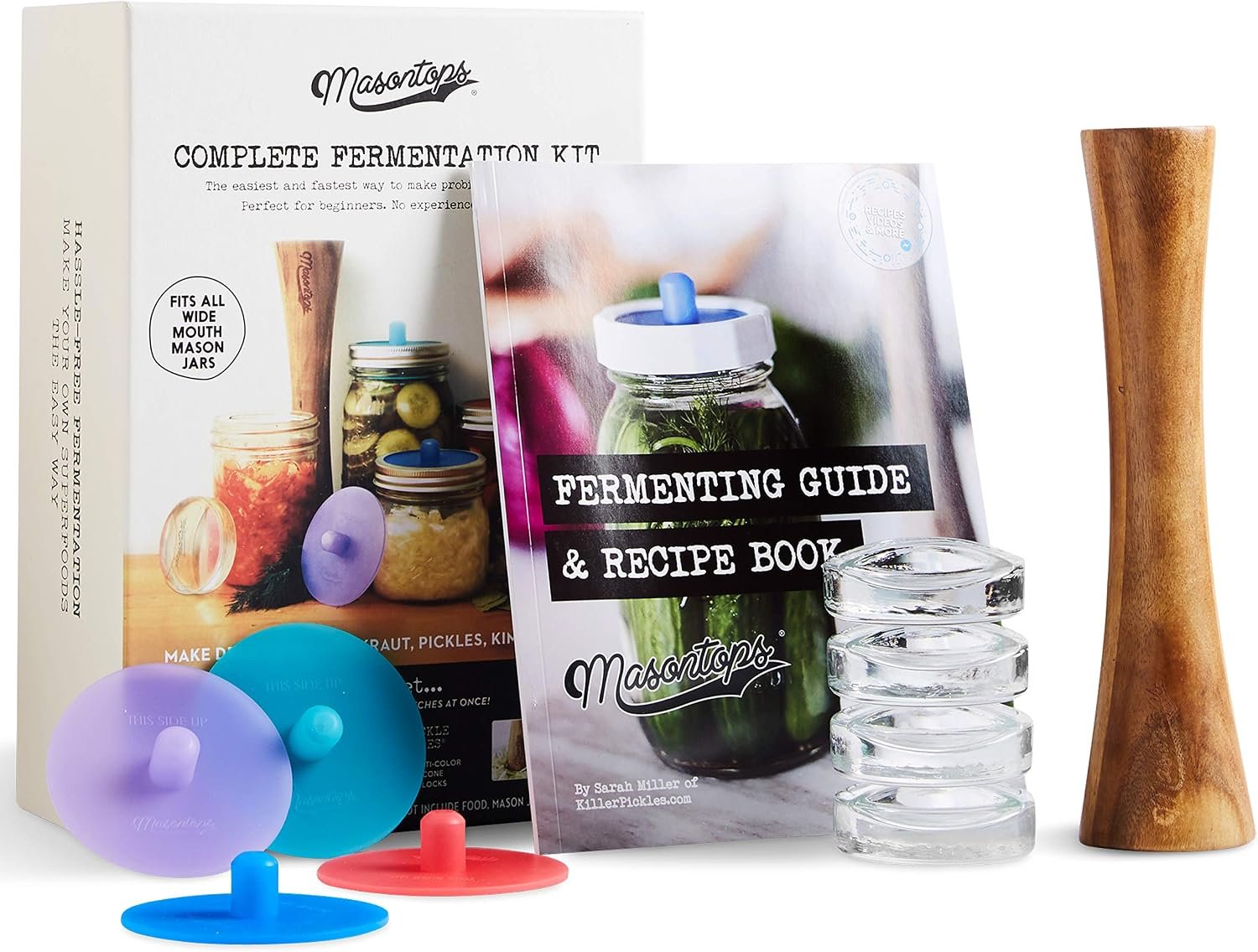 Masontops Complete Mason Jar Fermentation Kit – Pickle Kit, Sauerkraut Making Kit Kimchi Container – Fermentation Airlock Lids Wide Mouth Mason Jars
