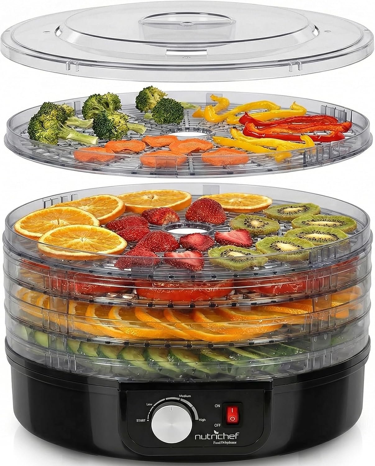 NutriChef Electric Countertop Food Dehydrator – Professional Multi-Tier Food Preserver – Dehydrates Fish, Meats, Mushrooms, Fruits & Vegetables – 5 Easy to Clean Stackable Trays., One Size, Black
