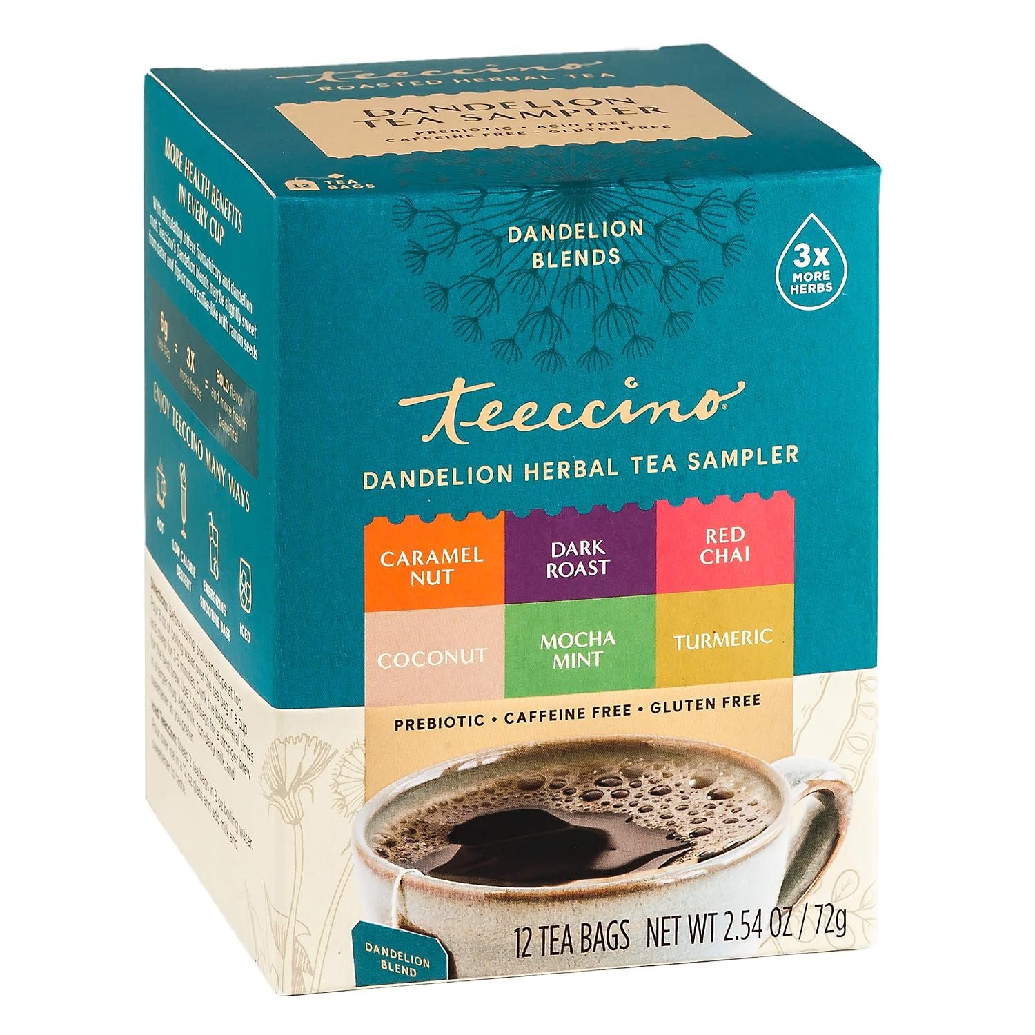 Teeccino Dandelion Tea Sampler – 12 Tea Bags – Caramel Nut, Coconut, Dark Roast, Mocha Mint, Red Chai, Turmeric – Caffeine-Free, Roasted Herbal Tea with Prebiotics, Gluten-Free