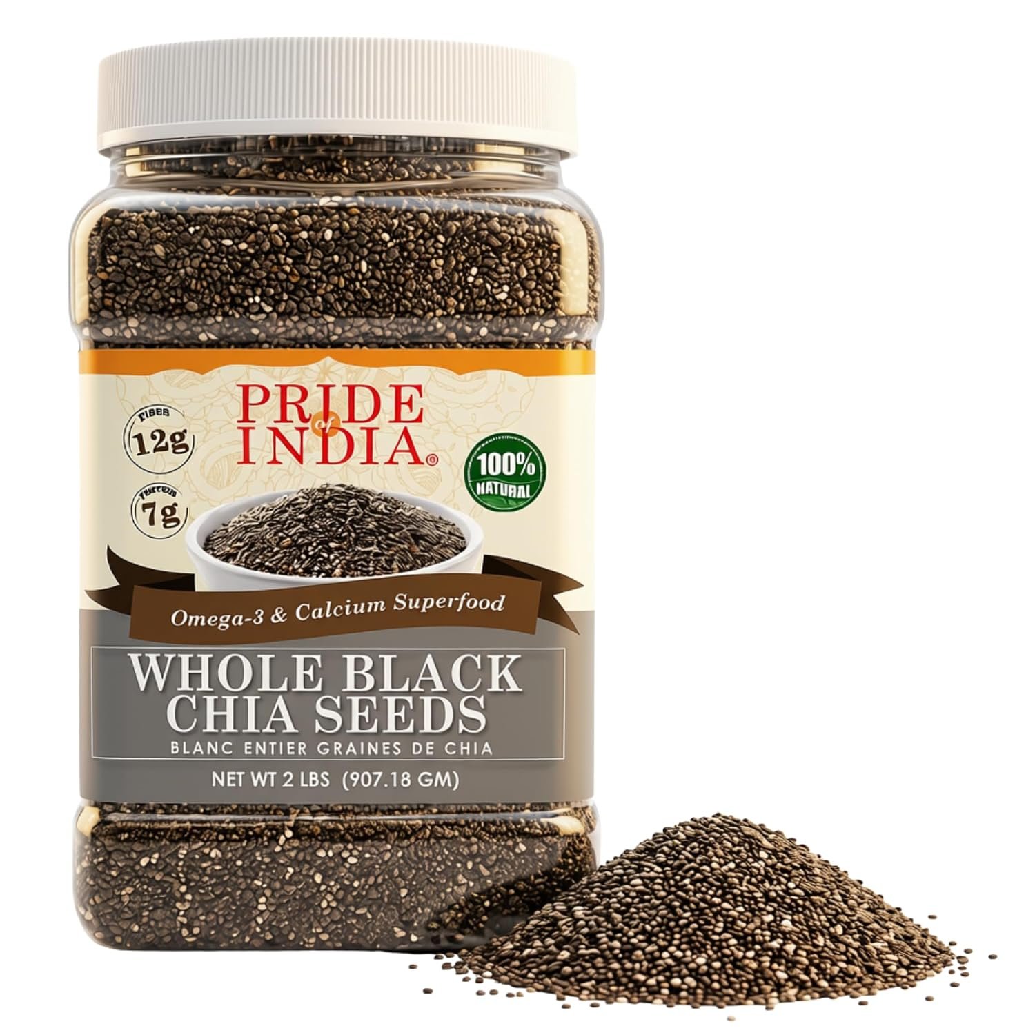 Pride of India Black Chia Seeds, 2 lb | Whole Raw Chia Seeds | High Fiber, Plant-Based Protein, Omega-3 & Calcium Rich Superfood | Vegan, Gluten Free | Perfect for Smoothies, Chia Pudding, Yogurt, Protein Shakes, Keto, Paleo, Egg Replacement & Thickening