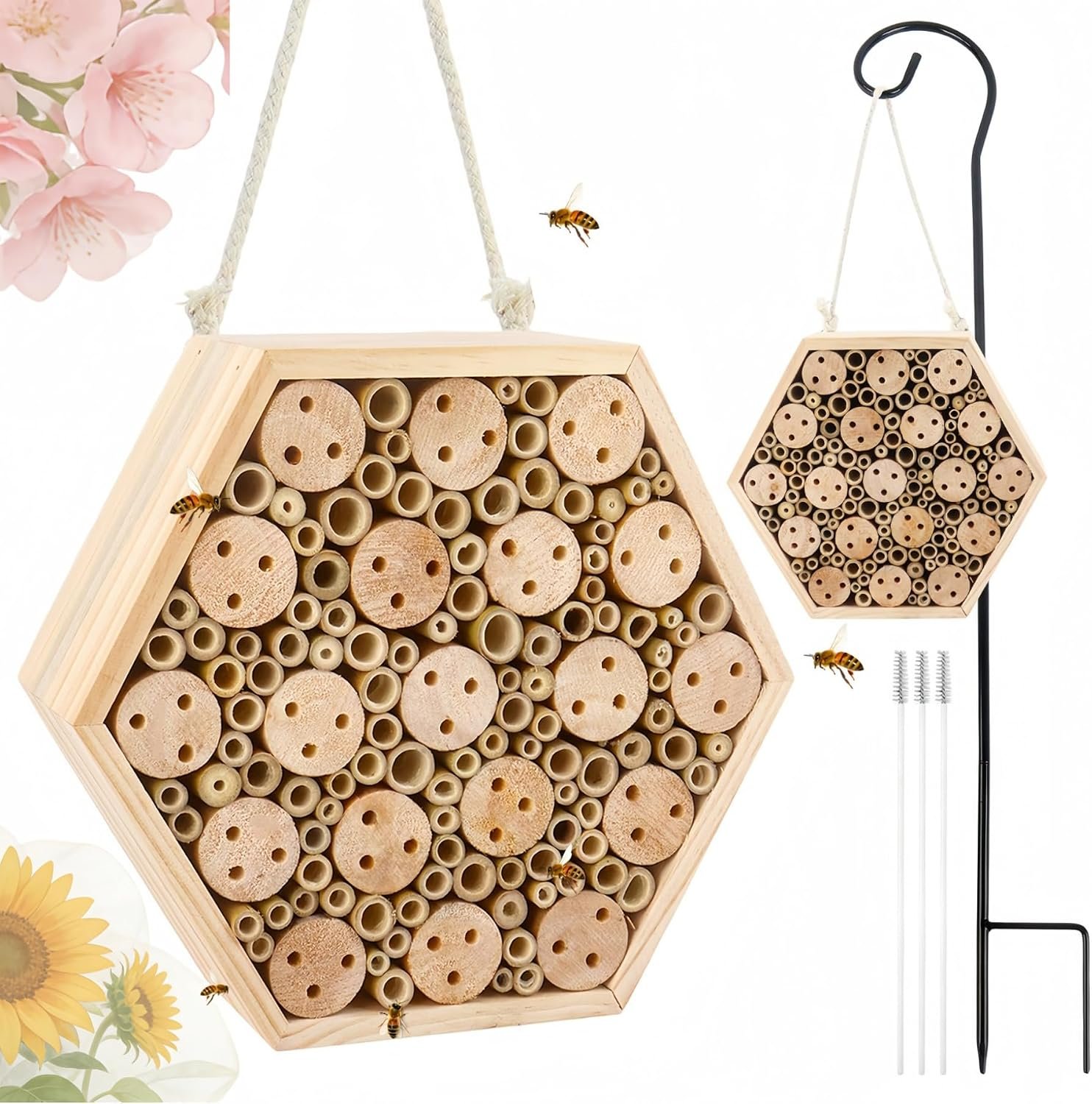 Mason Bee House, Natural Wooden Hexagon Bee House with Metal Stake & Cleaning Brush, Hanging Bees Box Habitat to Attract Pollinators, Garden Decoration, Gift for Bee Lovers