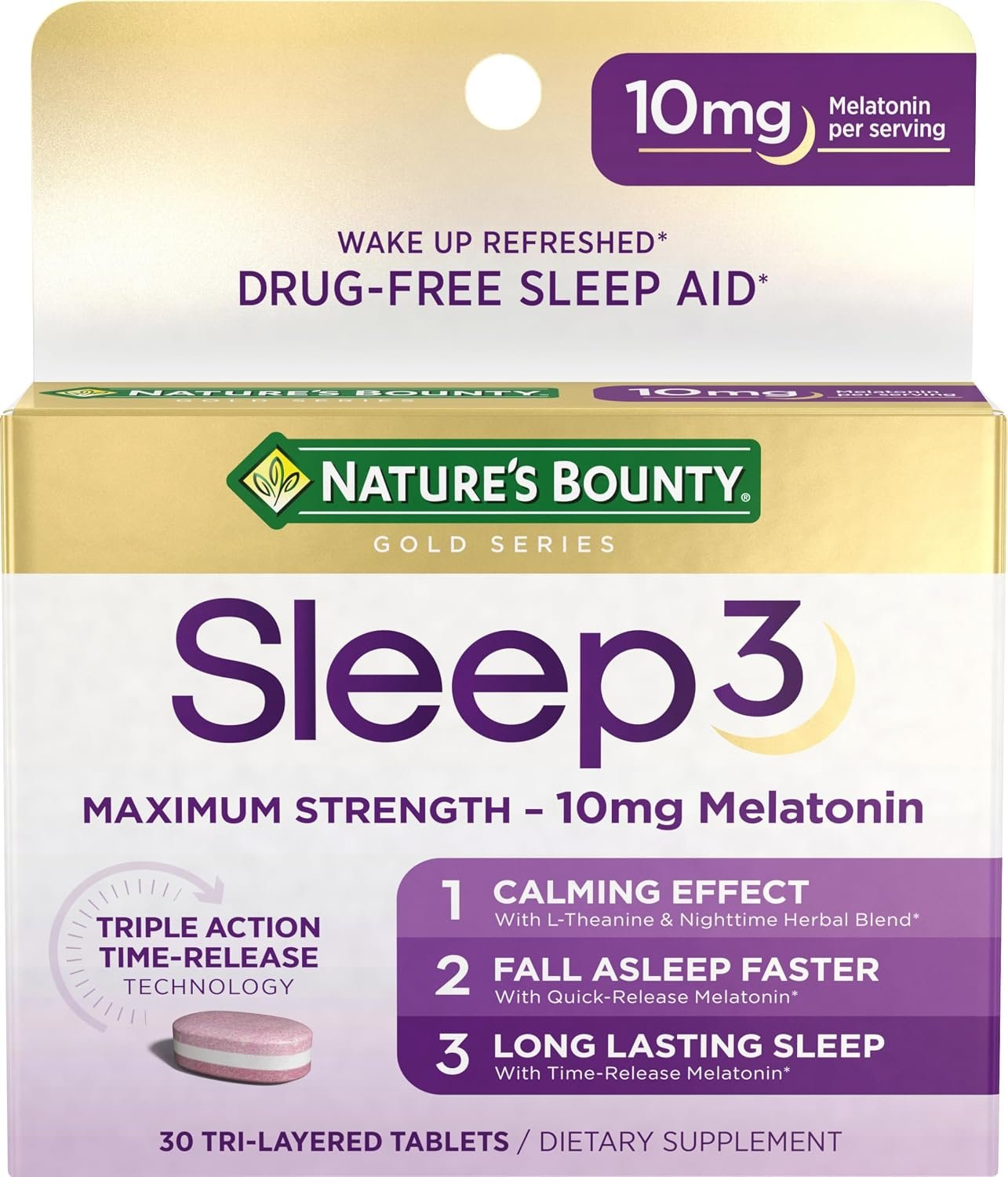 Nature’s Bounty Melatonin, 10mg, 30 Tri-Layered Tablets