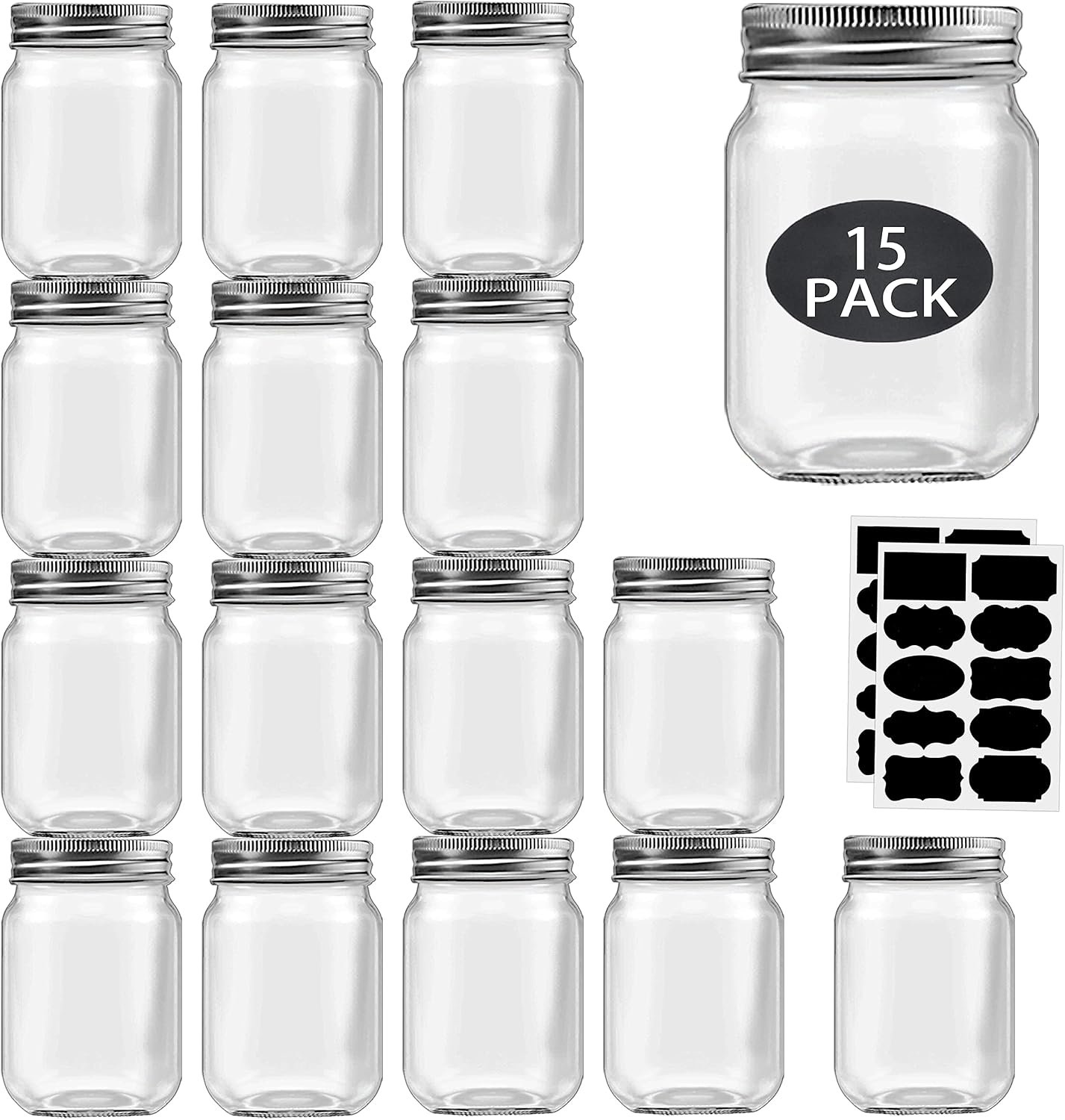 Rainforce 16 oz Mason Jars with Silver Lids 15 Pack Pint Glass Canning Jars