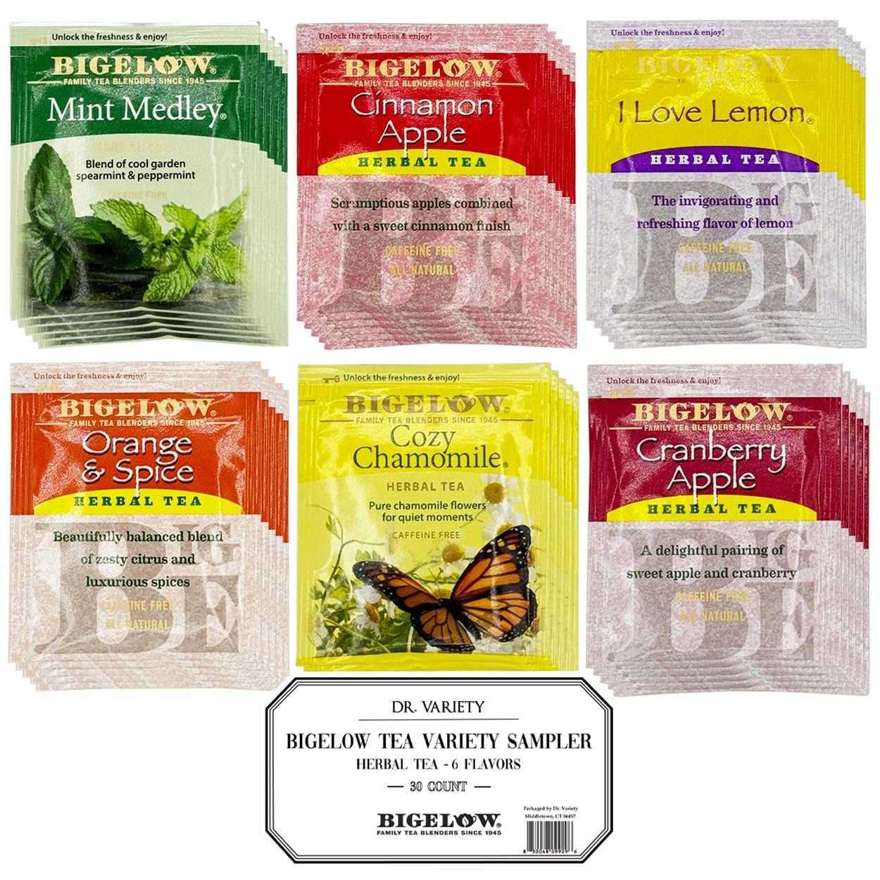 Bigelow Caffeine Free 6 Flavor Herbal Tea Variety Pack – Decaf Tea with Mint Medley, Cinnamon Apple, I Love Lemon, Orange & Spice, Cozy Chamomile, Cranberry Apple (30 Total Herbal Tea Bags) – Herbal Tea Sampler by Dr. Variety
