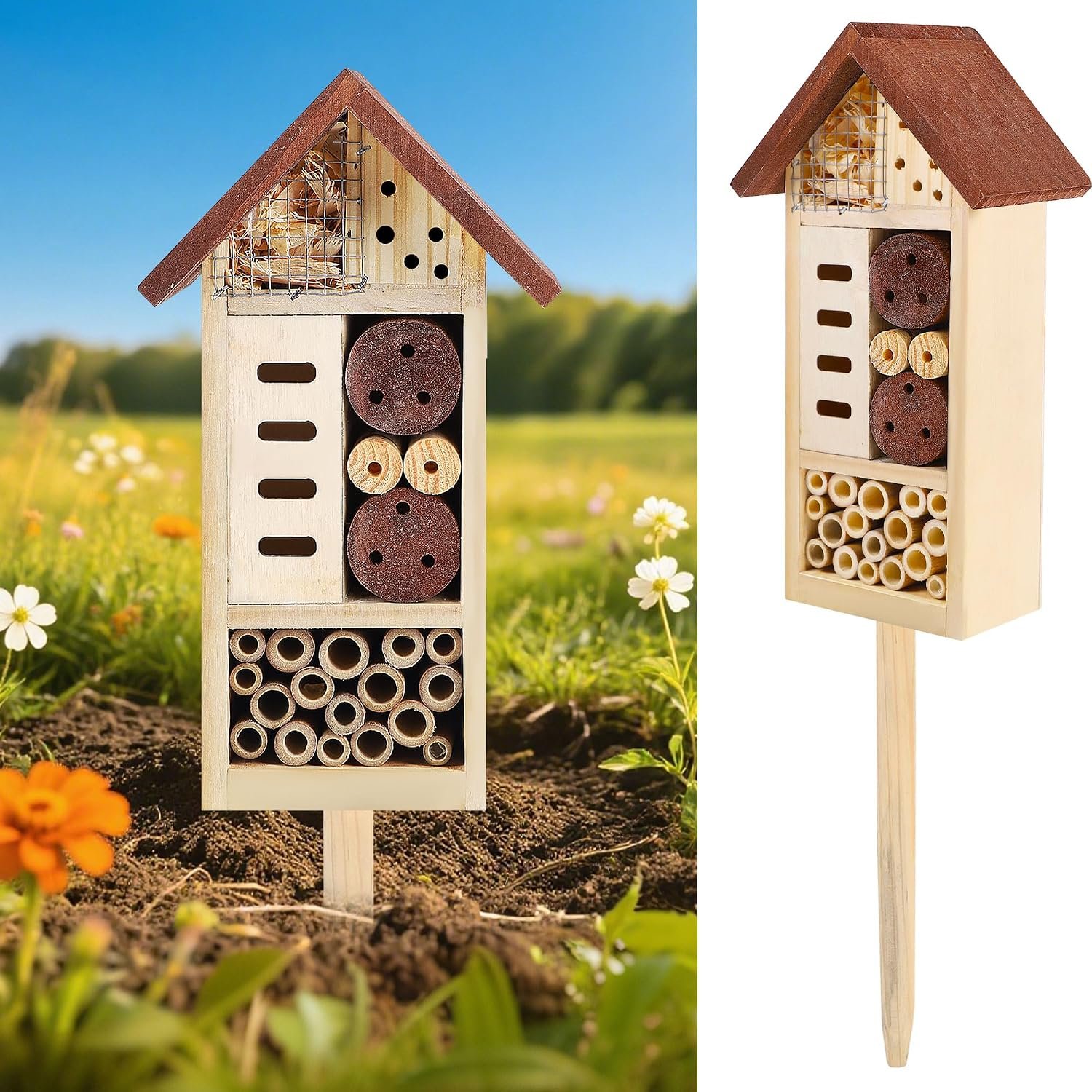 Lulu Home Wooden Insect House with Stake, 19.7 X 3.4 X 5.4 Inch