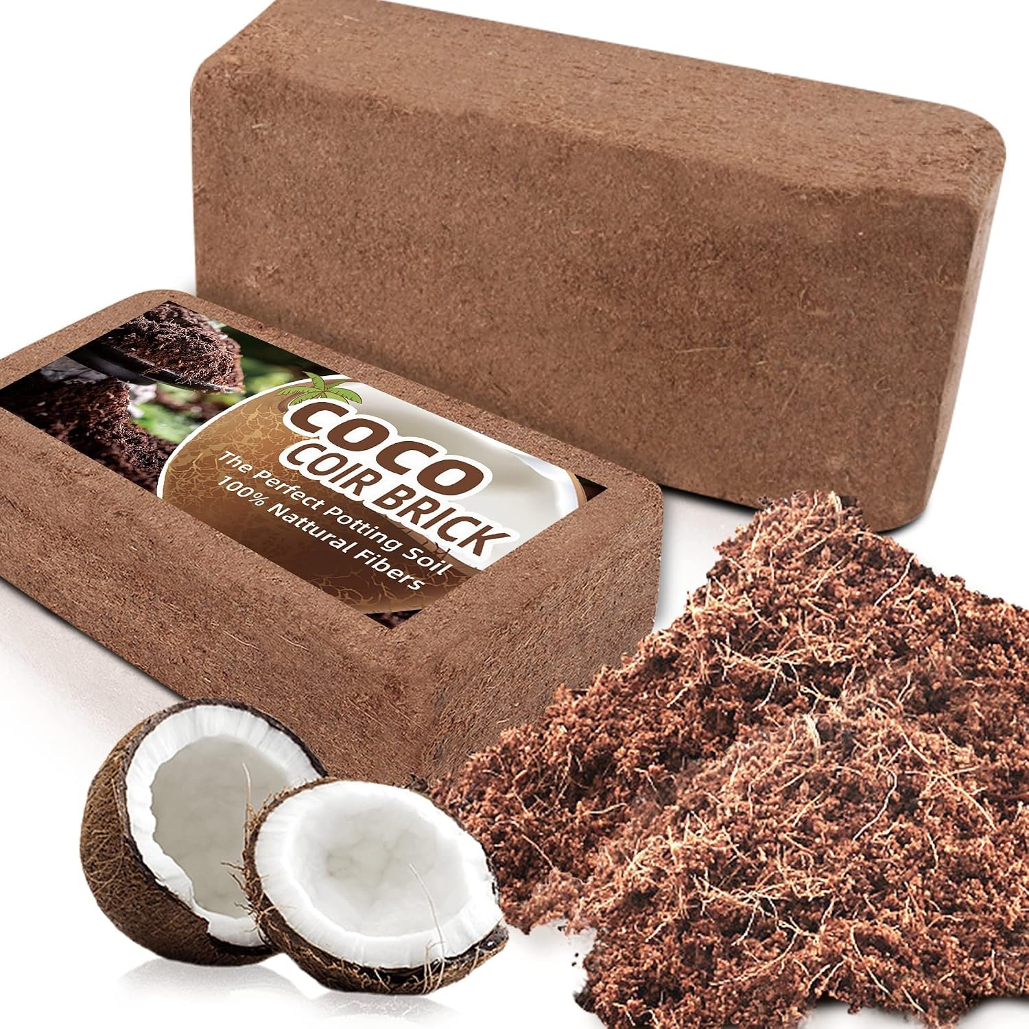 Coco Coir Brick for Plants, 2 Packs 100% Natural Organic Compressed Coconut Coir Fiber with Low EC & PH Balance, High Nutrition Coconut Soil Coco Fiber for Planting, Herbs